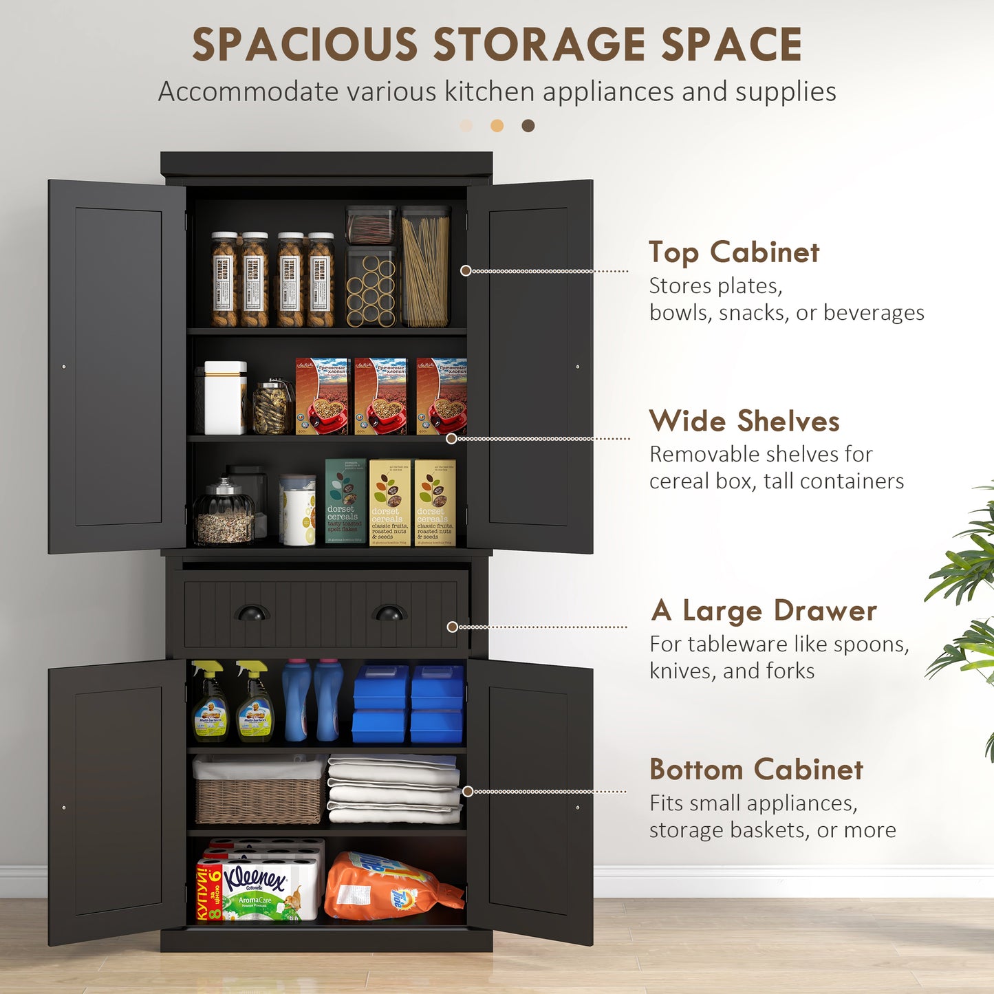 HOMCOM 72" Kitchen Pantry, Freestanding Storage Cabinet with Drawer, Doors, White