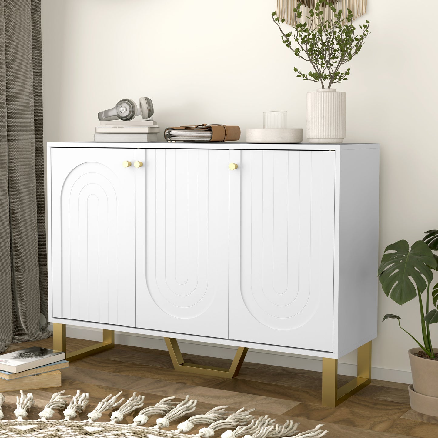 HOMCOM Sideboard Buffet Cabinet with 4 Doors, Modern Storage Cabinet with Adjustable Shelves & Center Leg, White