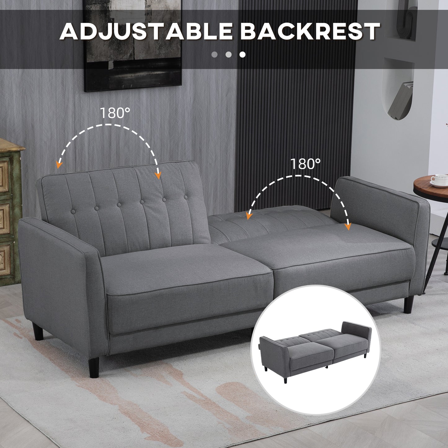 HOMCOM Convertible Bed with Couch, Button Tufted Fabric Sofa Bed with Adjustable Back for Living Room, Charcoal Grey