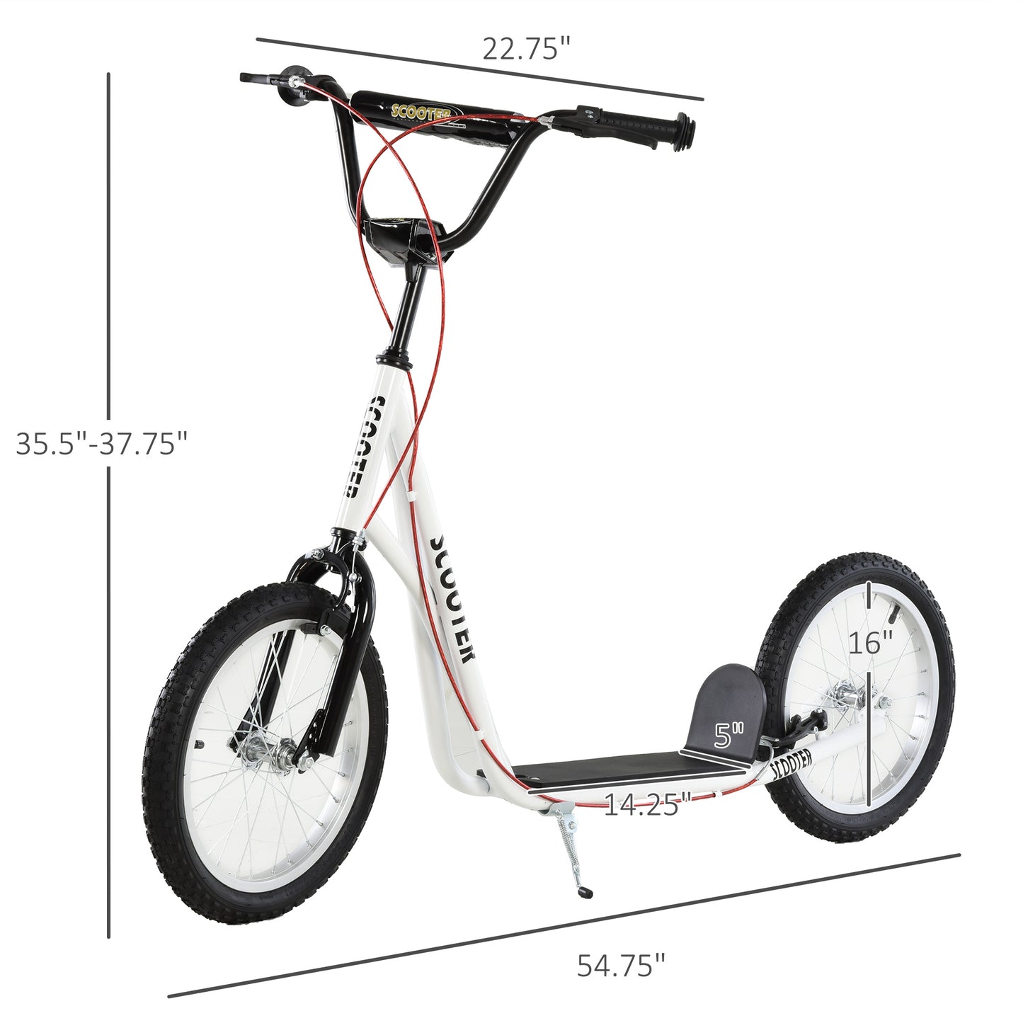 Aosom Kids Kick Scooter for 5+ Year Old, Kids Ride on Toy w/ 16'' Inflatable Wheel Dual Brakes, Black