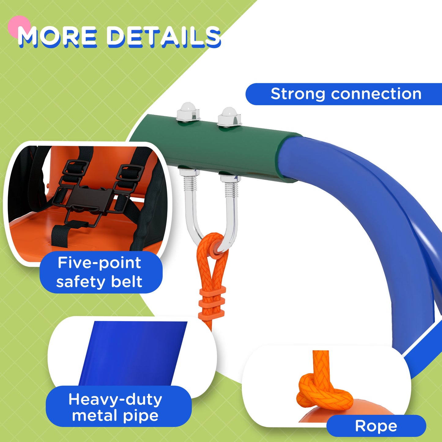 Outsunny Kid Swing Set with Safety Harness for Baby, Kids 6 Months+, Heavy Duty Swing Set for Indoor/Outdoor, Backyard, Orange