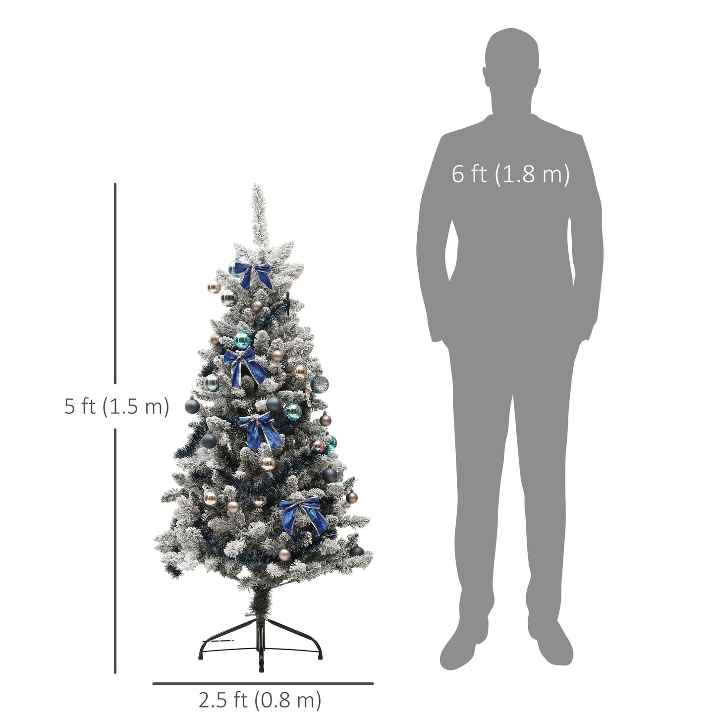 HOMCOM 5ft Prelit Artificial Christmas Tree with Blue Ornaments, Flocked Christmas Tree with LED Lights for Holiday