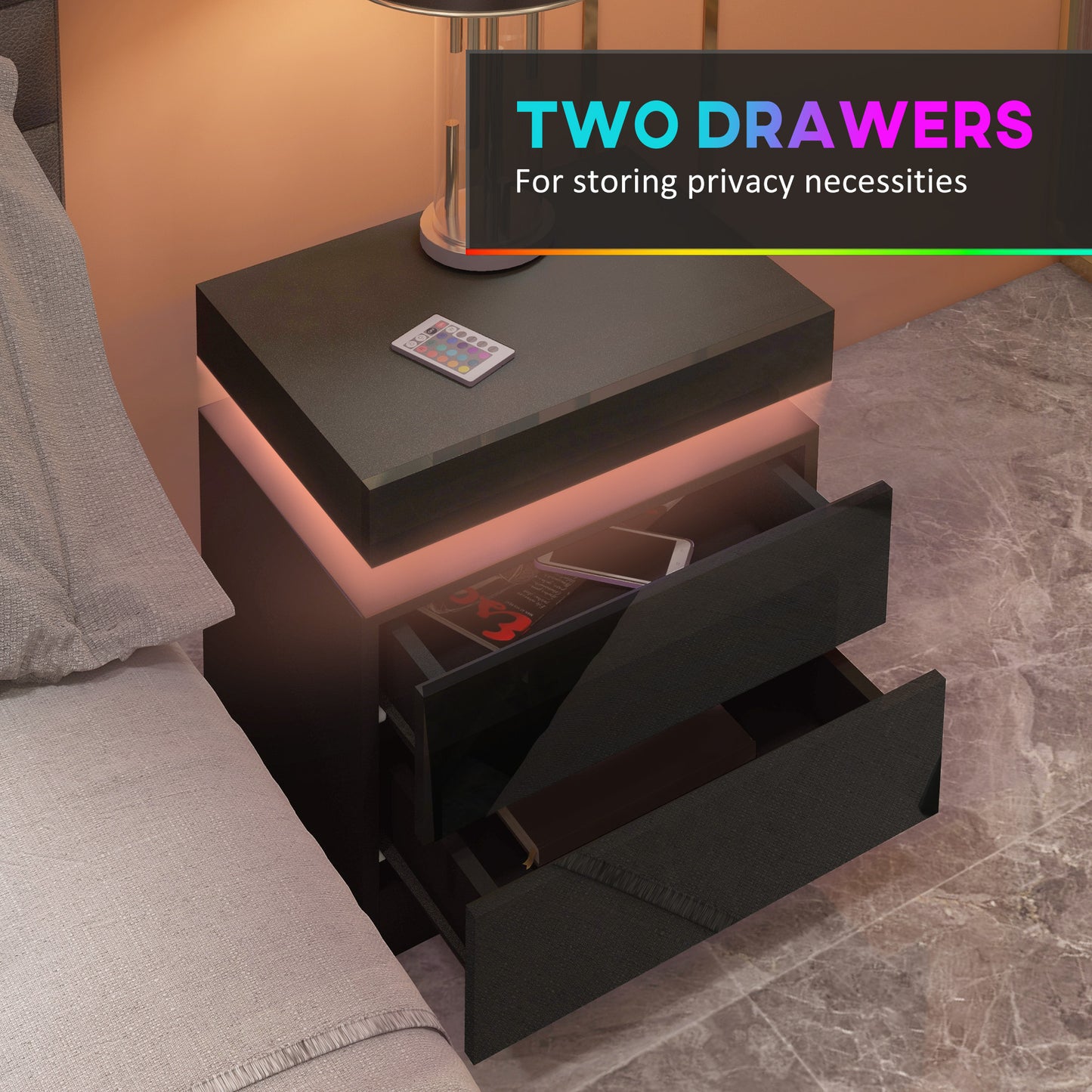 HOMCOM Nightstand, Bedside Table with LED Lights and 2 Drawers for Bedroom, Living Room, White