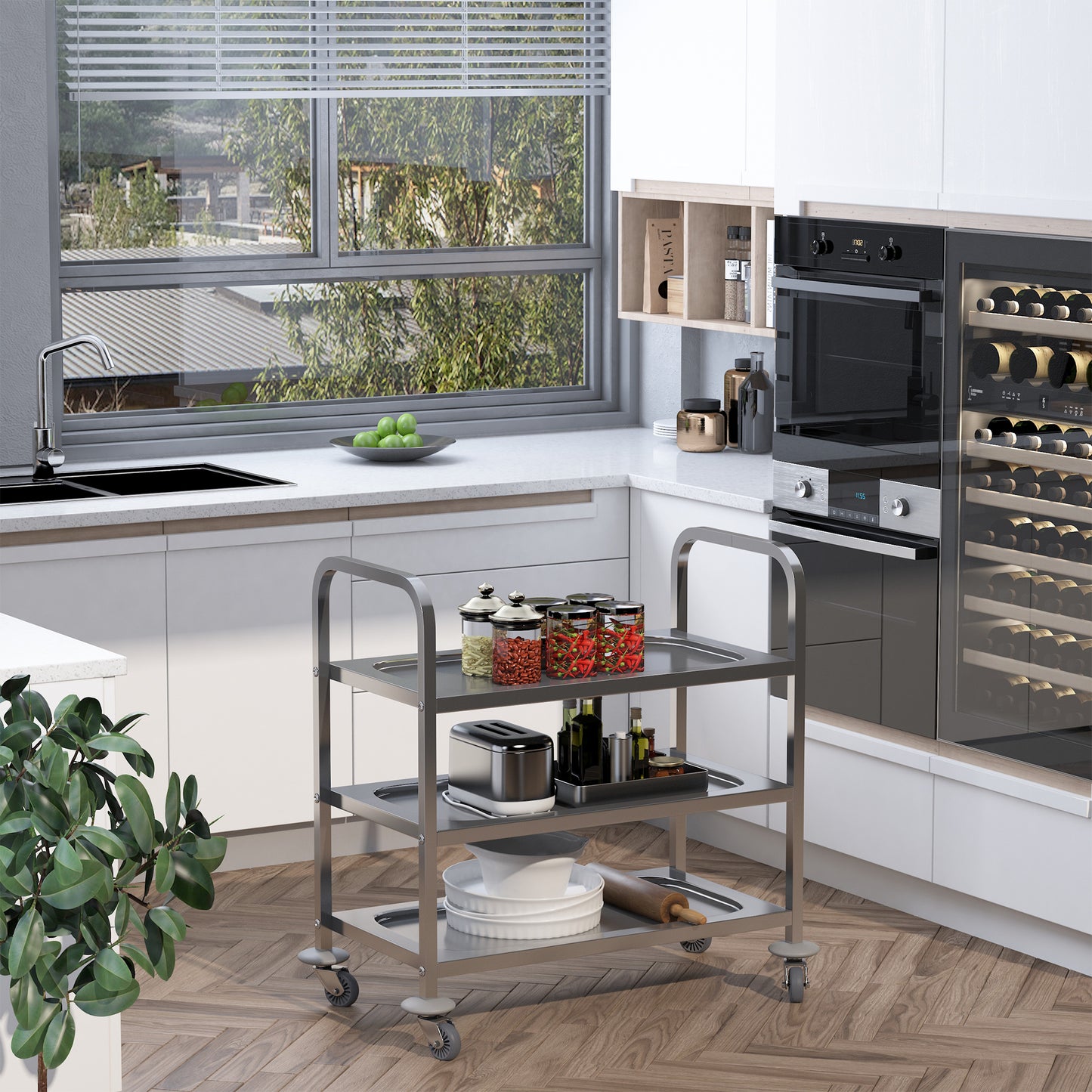 HOMCOM 33" 3-Tier Kitchen Trolley Medical Treatment Laboratory Equipment Carts, Stainless Steel Rolling Kitchen Island, Wheeled Storage Utility Serving Cart, 330LBS Heavy Gauge