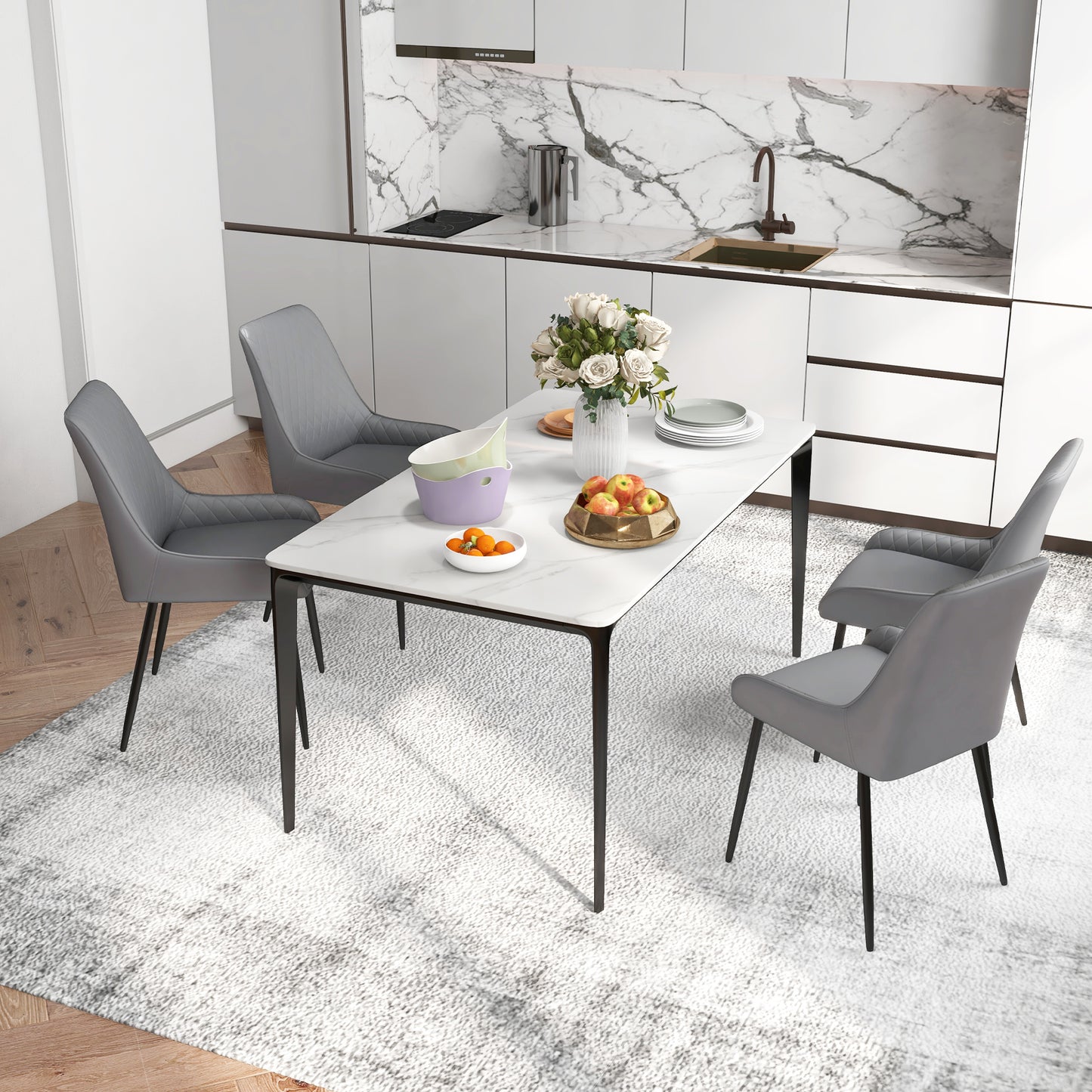 HOMCOM Upholstered Kitchen Chairs, Modern Dining Chairs Set of 2 with Diamond Tufting and Steel Legs for Dining Room, Black