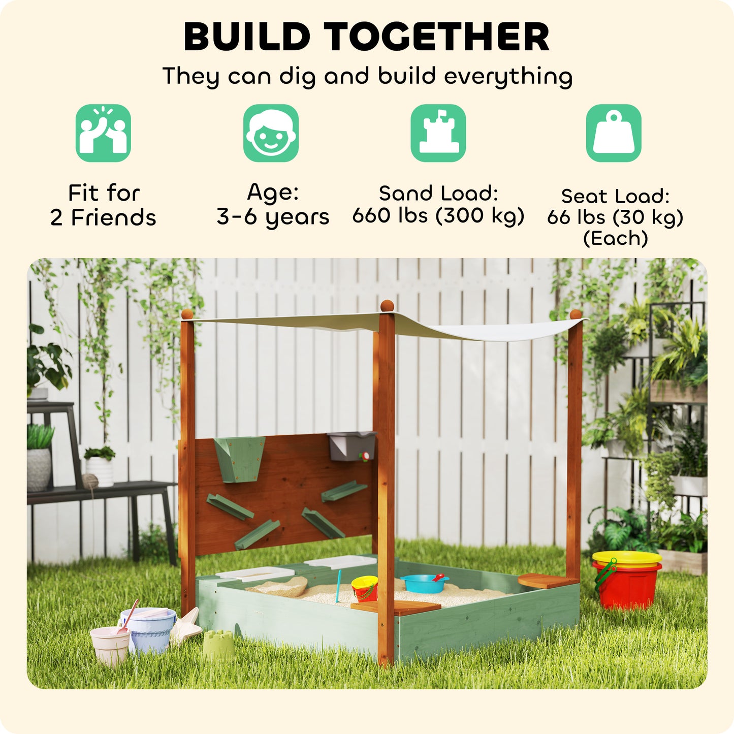 Qaba Kids Sandbox with Full Covered Canopy, Bench Seats, Bottom Liner, for Ages 3-6, 56" x 40" x 52", Brown
