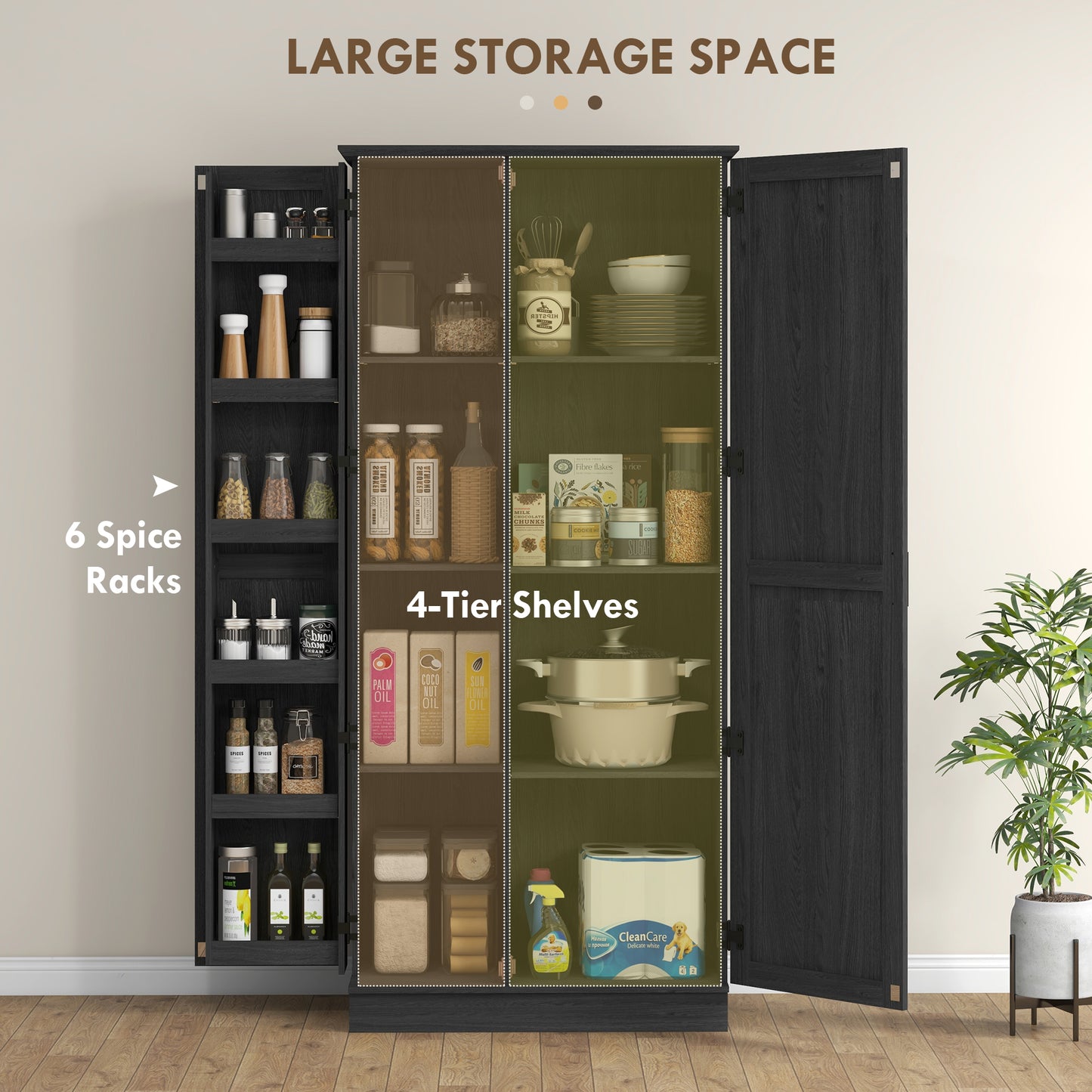 HOMCOM 70" Tall Kitchen Pantry Cabinet with Door Shelves and Adjustable Shelves, Black Wood Grain