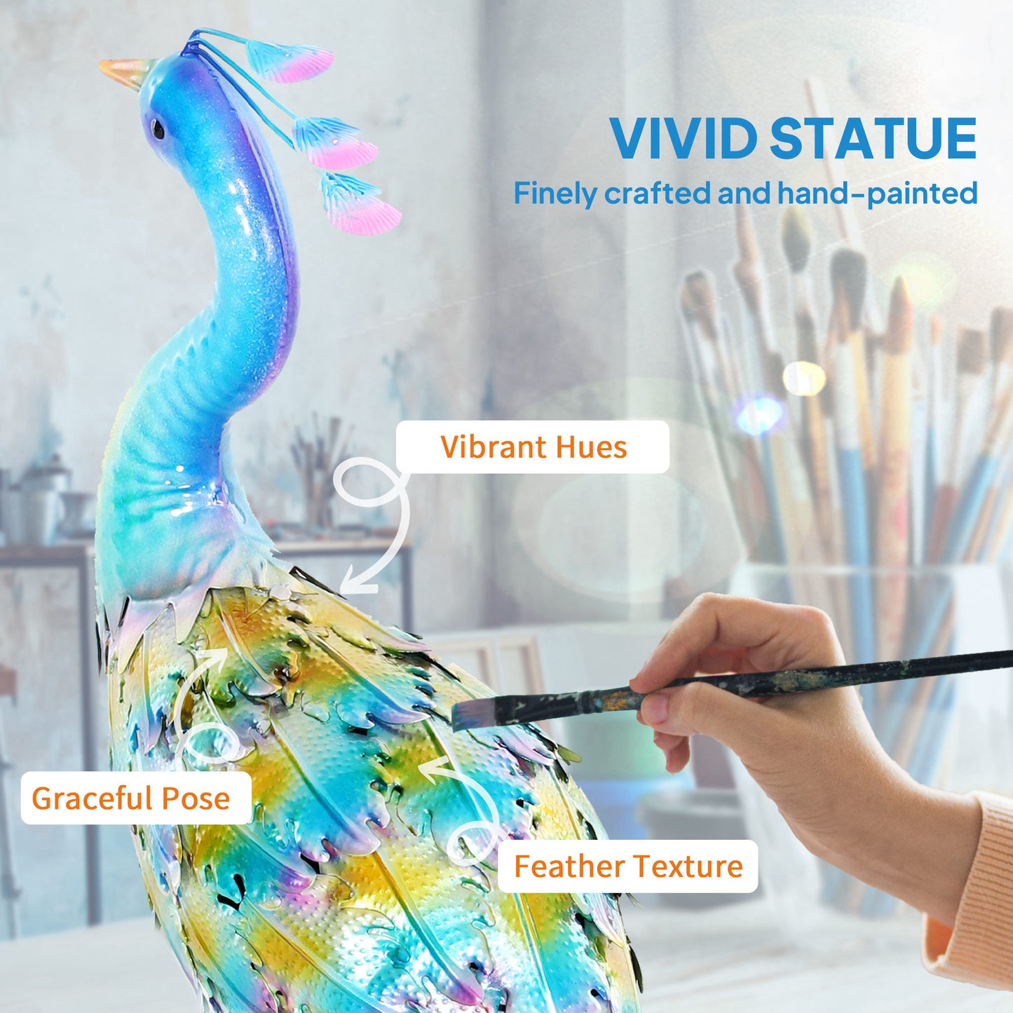 Outsunny Peacock Garden Statue, 32.7" Standing Lawn Ornament, Steel Garden Decor Bird Statue with Stakes for Lawn Patio Backyard Decoration, Mixed Colour