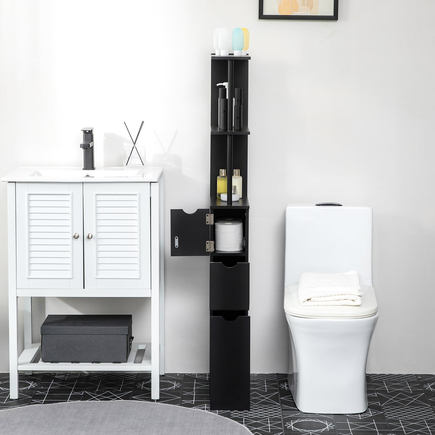 HOMCOM Tall Bathroom Storage Cabinet, Narrow Bathroom Cabinet with Drawers and Open Shelves for Small Spaces, White and Grey