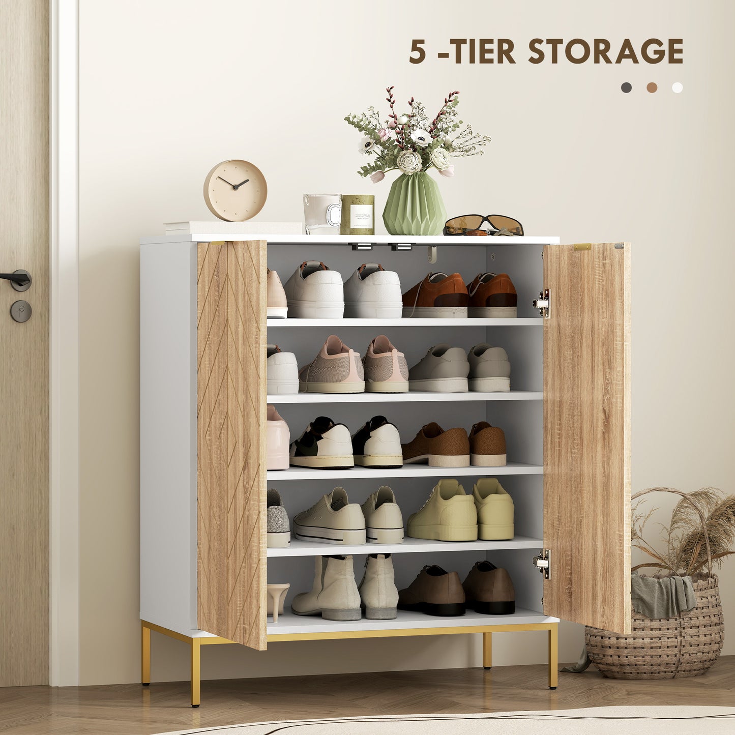 HOMCOM Shoe Storage Cabinet for 15 Pairs, Freestanding Shoe Cabinet with Doors and Adjustable Shelves for Hallway, Oak