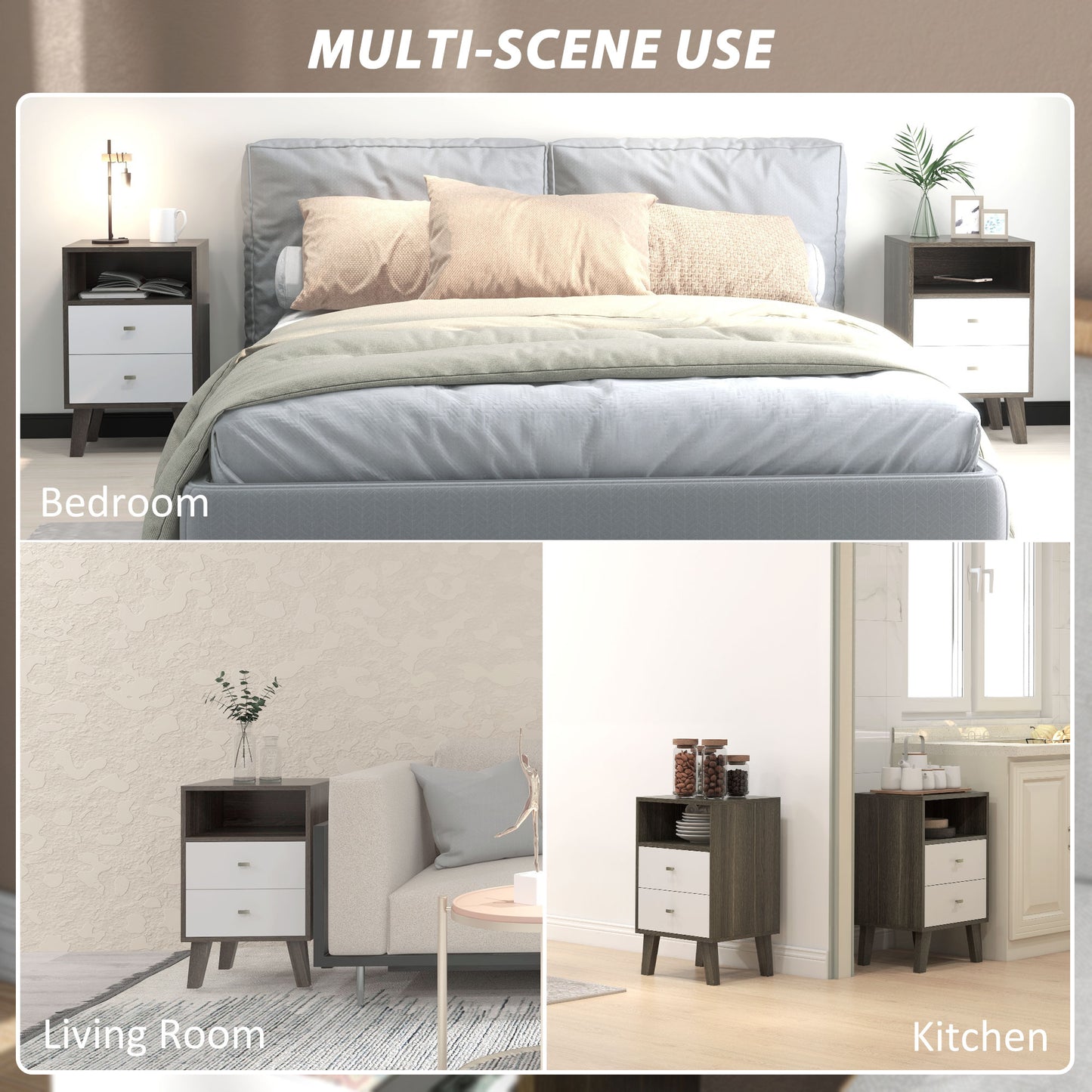 HOMCOM Nightstand Set of 2, Modern Bedside Table, Night Stand for Living Room with 3 Drawers and Open Storage, Grey
