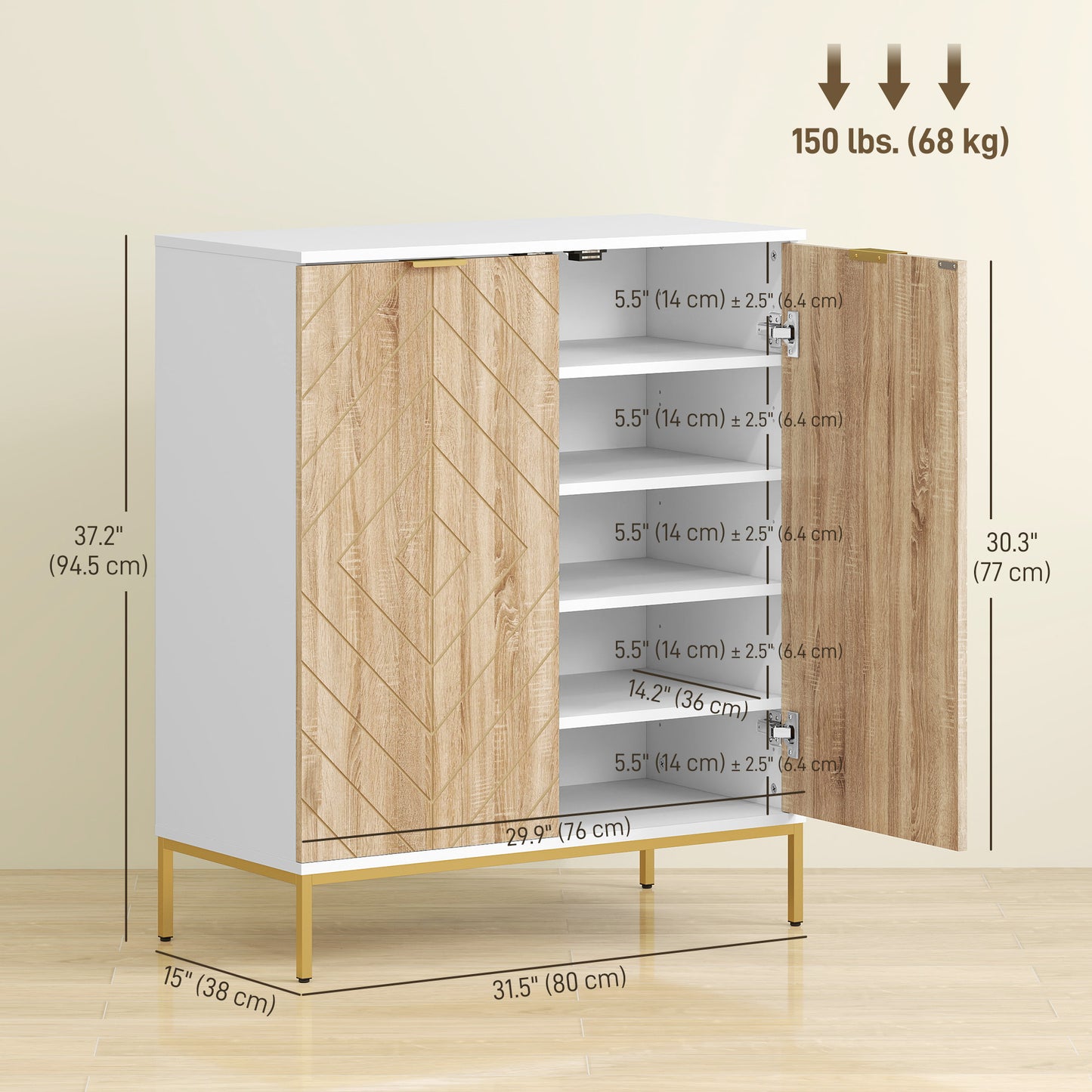 HOMCOM Shoe Storage Cabinet for 15 Pairs, Freestanding Shoe Cabinet with Doors and Adjustable Shelves for Hallway, Oak