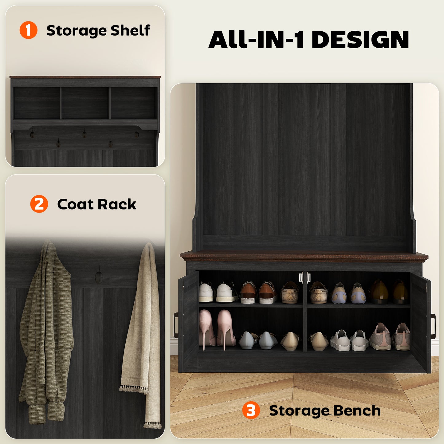 HOMCOM 3-in-1 Hall Tree with Bench, Coat Rack with Shoe Storage, Distressed Black
