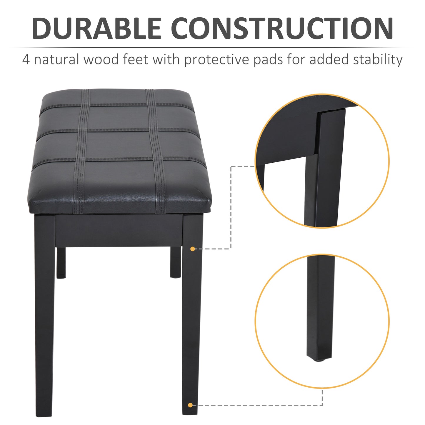HOMCOM Classic Piano Bench Stool, PU Leather Padded Keyboard Seat with Rubber Wood Legs and Music Storage Compartment, Banded Seat, Black
