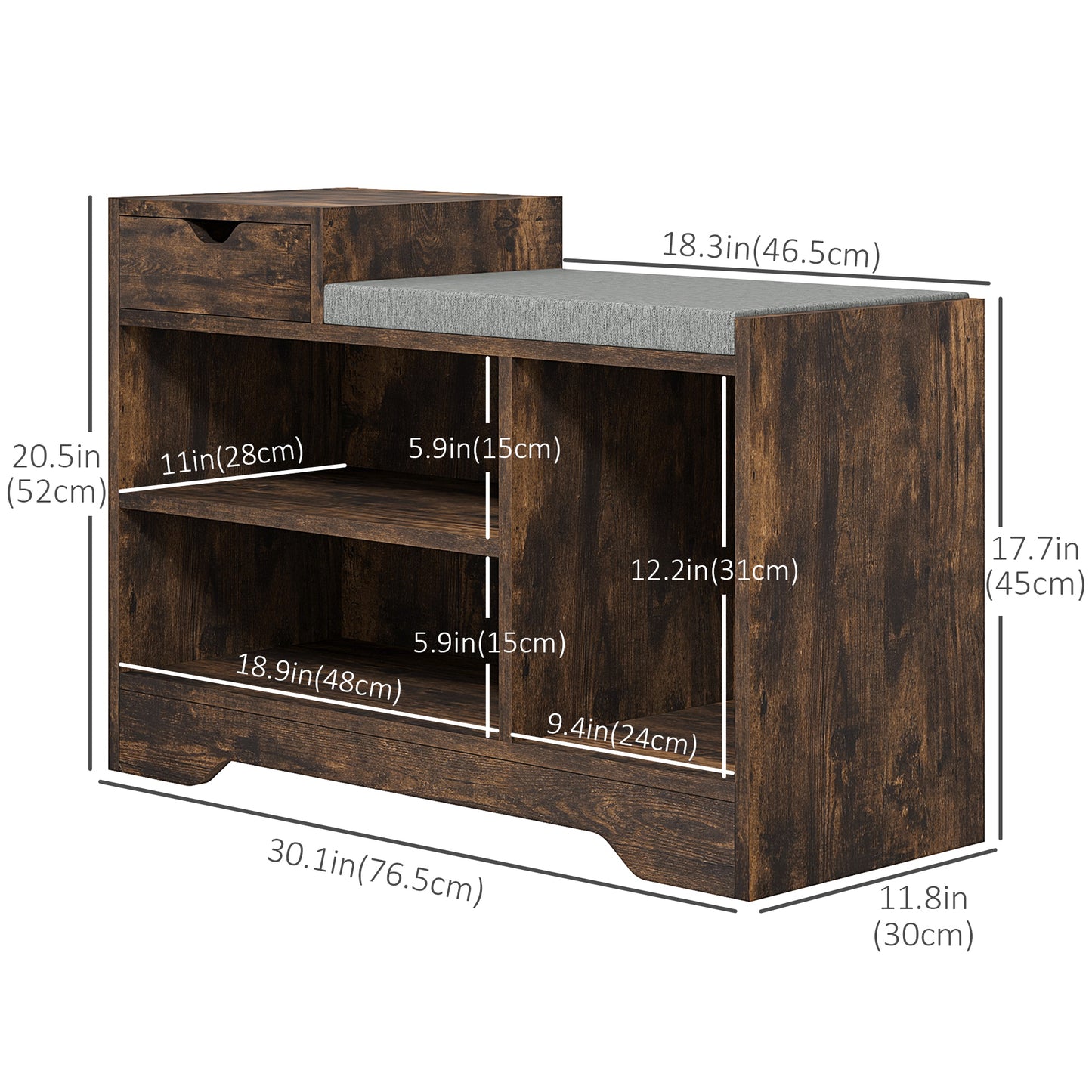 HOMCOM Upholstered Shoe Storage Bench, Hallway Shoe Storage with Seat, Drawer, 3 Open Shelves for Entryway, White