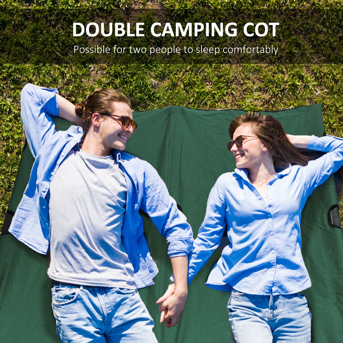 Outsunny 76" Two Person Folding Camping Cot Outdoor Portable Double Cot Wide Military Sleeping Bed w/ Carrying Bag Blue