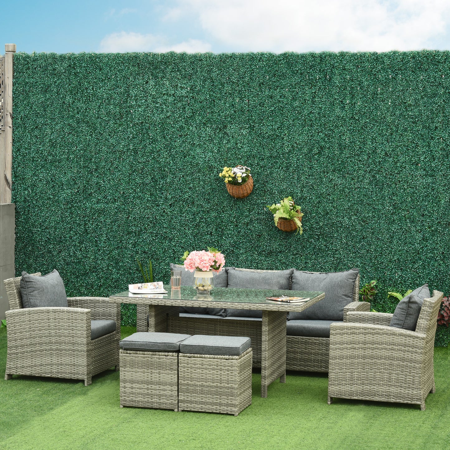 Outsunny 6 Pcs Patio Furniture Set, Rattan Outdoor Furniture Set with 3 Seater Sofa, Armchairs, Footstools and Table, Dark Grey