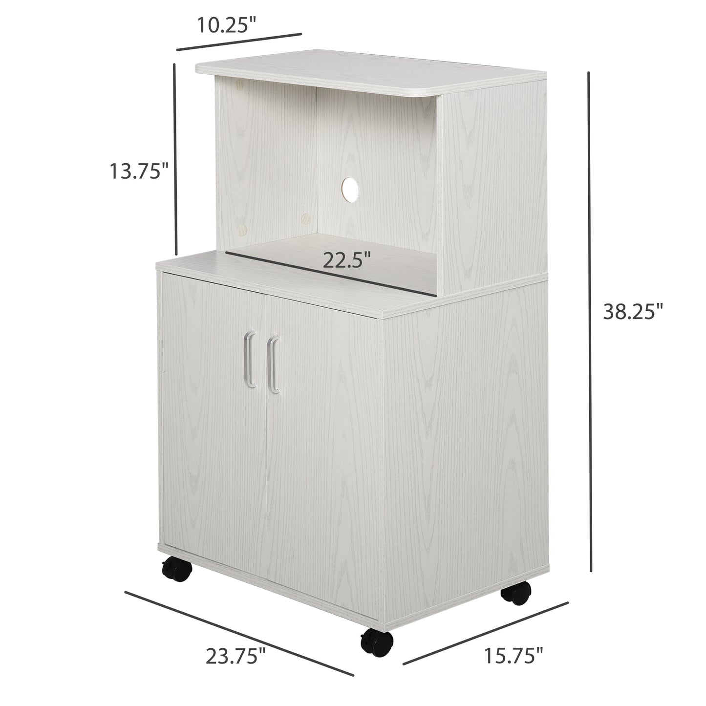 HOMCOM Microwave Cart on Wheels Utility Trolley Storage Sideboard Bookcase with 2-door Cabinet, White Oak