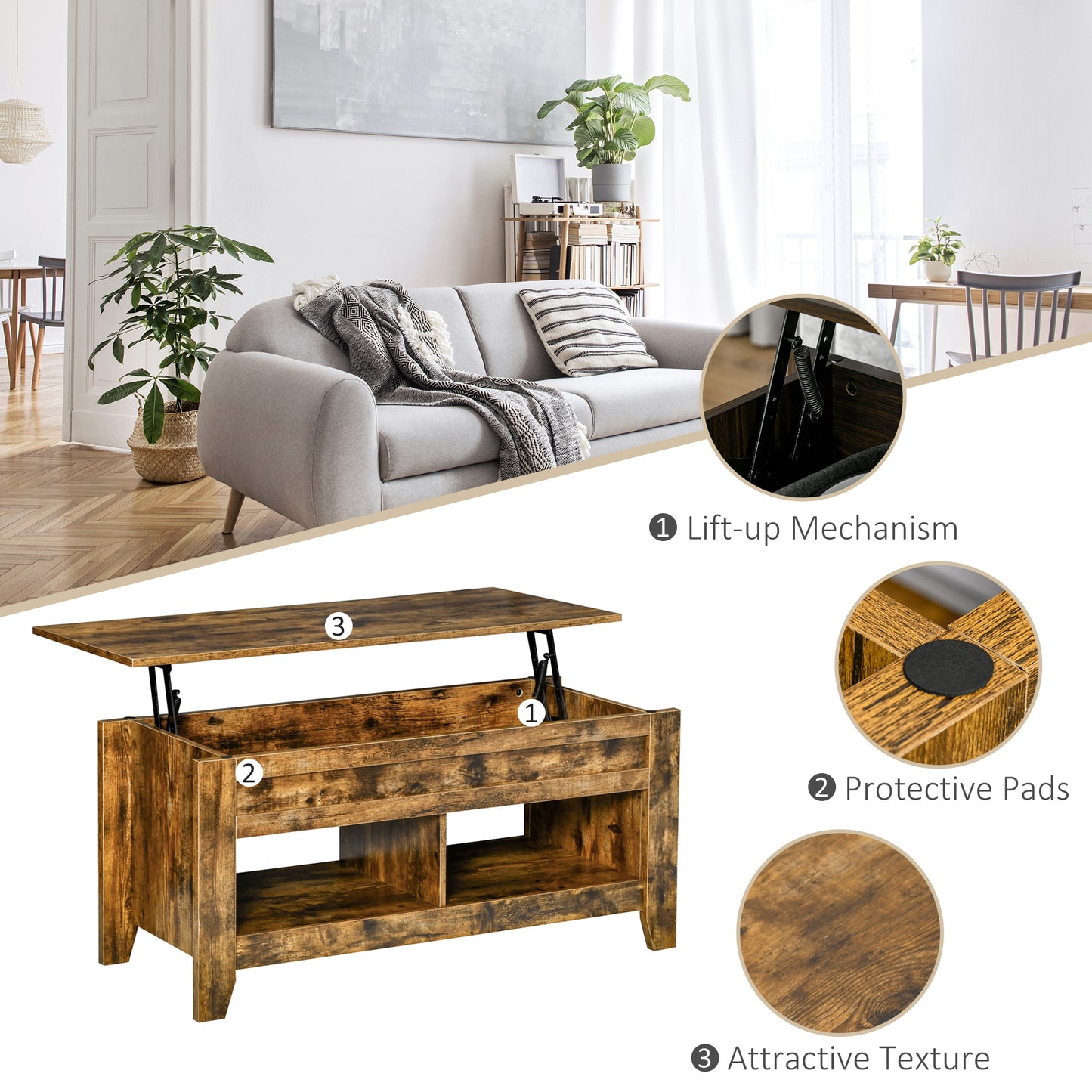 HOMCOM Lift Top Coffee Table with Hidden Storage Compartment and Open Shelves, Lift Tabletop Pop-Up Center Table for Living Room, White
