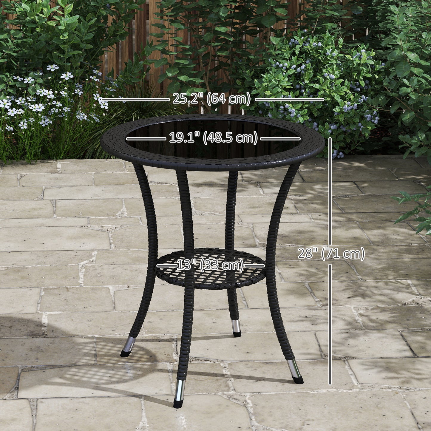 Outsunny Outdoor Rattan Dining Table, Patio Wicker Round Coffee Table with 2-Tier Storage Shelf, Brown