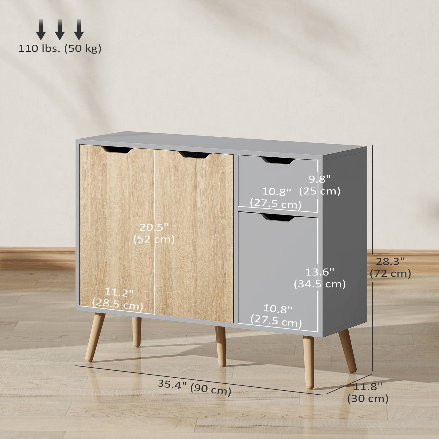 HOMCOM 35" Sideboard Storage Cabinet with Drawer, White and Grey