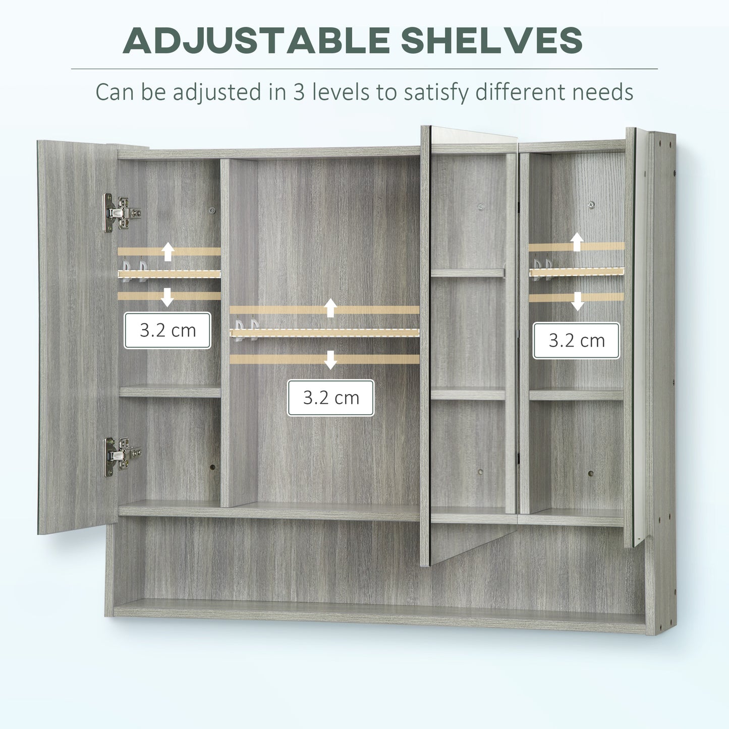 kleankin Wall Mounted Bathroom Medicine Cabinet with Mirror and Adjustable Shelves, Grey