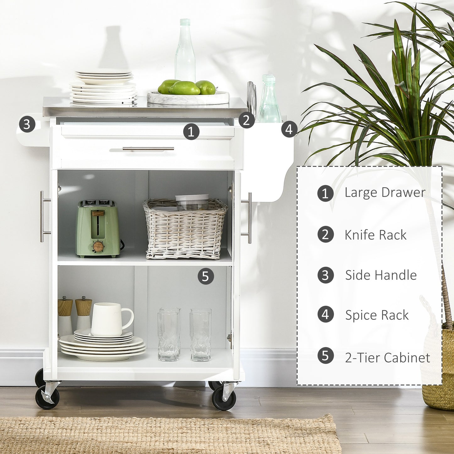HOMCOM Kitchen Island with Stainless Steel Top, Rolling Kitchen Cart on Wheels with Storage Drawer, Cabinet, Towel Rack and Spice Rack (Black)