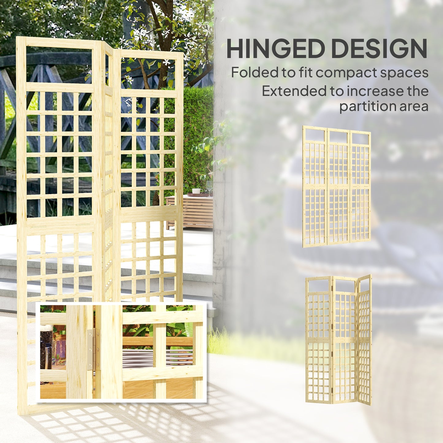 Outsunny 3 Panel Outdoor Wood Privacy Screen, Folding Room Divider/Trellis for Home, Patio, 47.2" x 66.9", Natural Wood