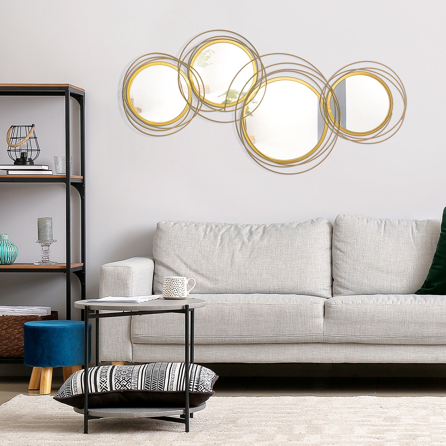 HOMCOM Metal Wall Art Gold Frame Circle Bathroom Mirror Decor Home Hanging Wall Sculptures for Living Room Bedroom Dining Room, 42.25" W x 22" H, Gold
