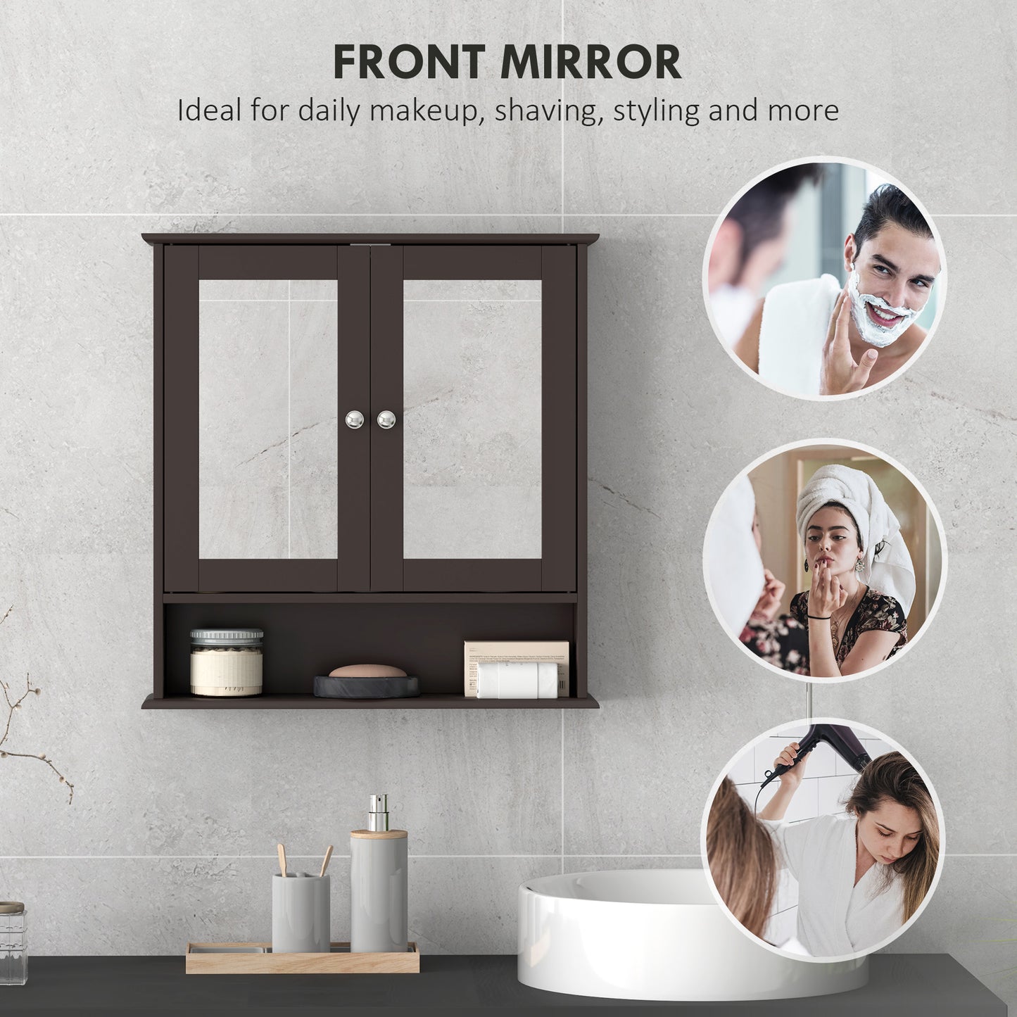 kleankin Medicine Cabinet, Wall-Mounted Bathroom Mirror Cabinet with Double Doors, Open Shelf, and Adjustable Shelf, Modern Bathroom Wall Cabinet, White