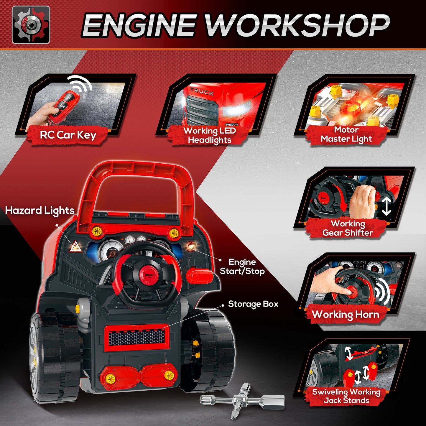 Qaba Smart Truck Engine Toy Set for Kids - Mini Car Service Station, Kids Tool Set Included, Suitable for 3-5 Years Old