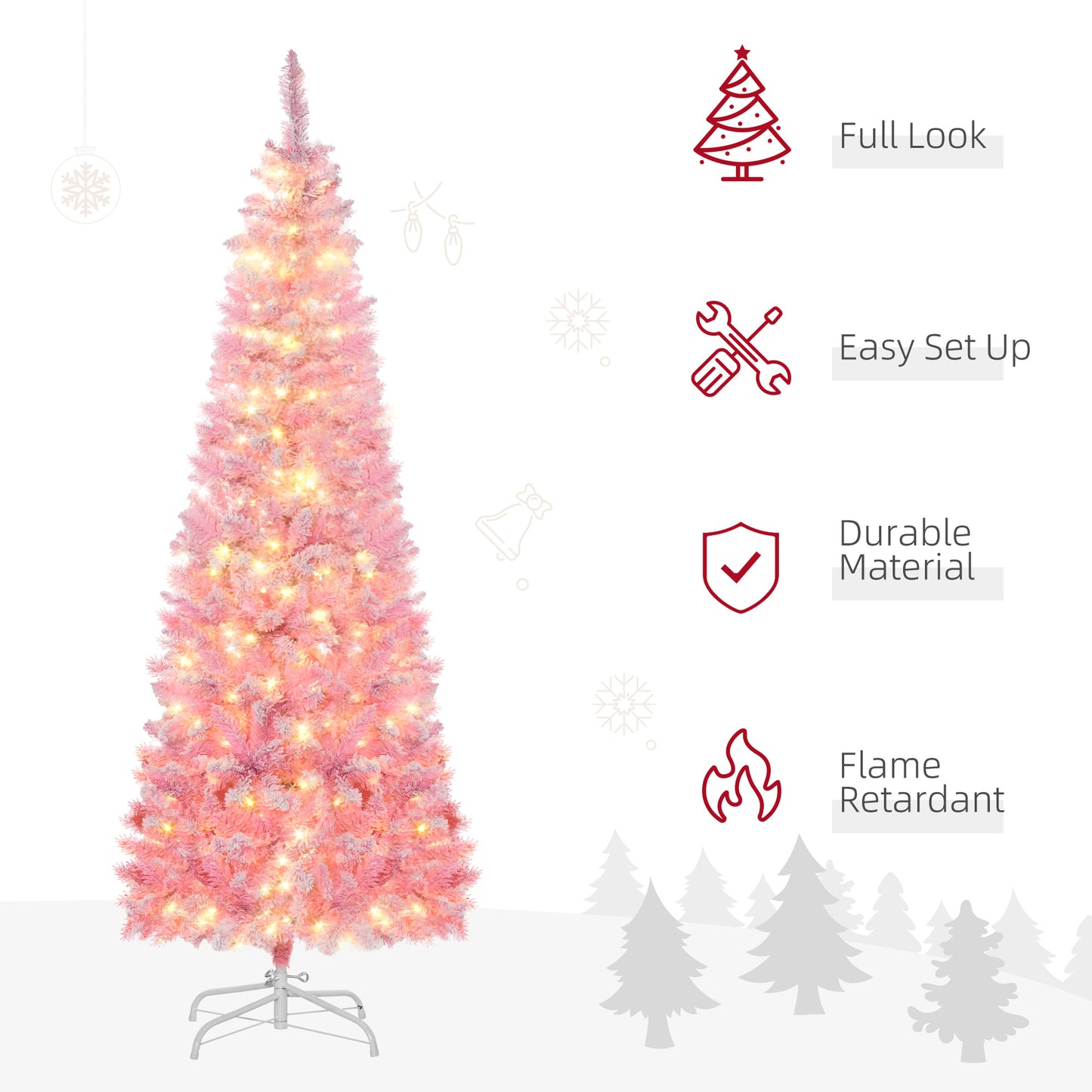 HOMCOM 6 Foot Prelit Snow Flocked Artificial Christmas Tree with Pencil Shape, 500 Pine Realistic Branches, Warm White LED lights, Auto Open, Pink and White
