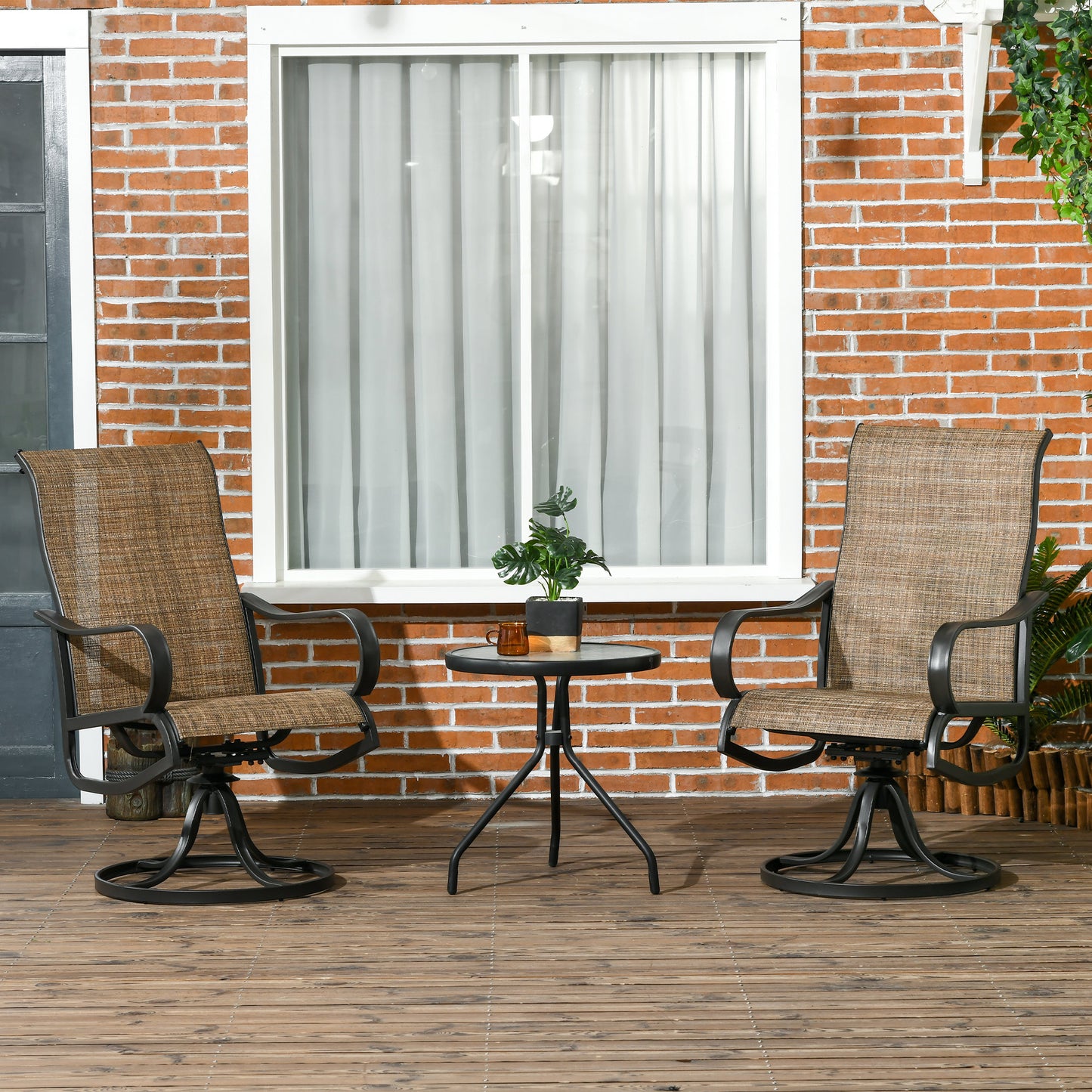 Outsunny 2-Piece Swivel Patio Dining Chairs, 360° Swivel Rocking Outdoor Chairs with Curved Armrests, Breathable Mesh Seat & S Shape Backrest for Yard, Lawn, Porch, Brown