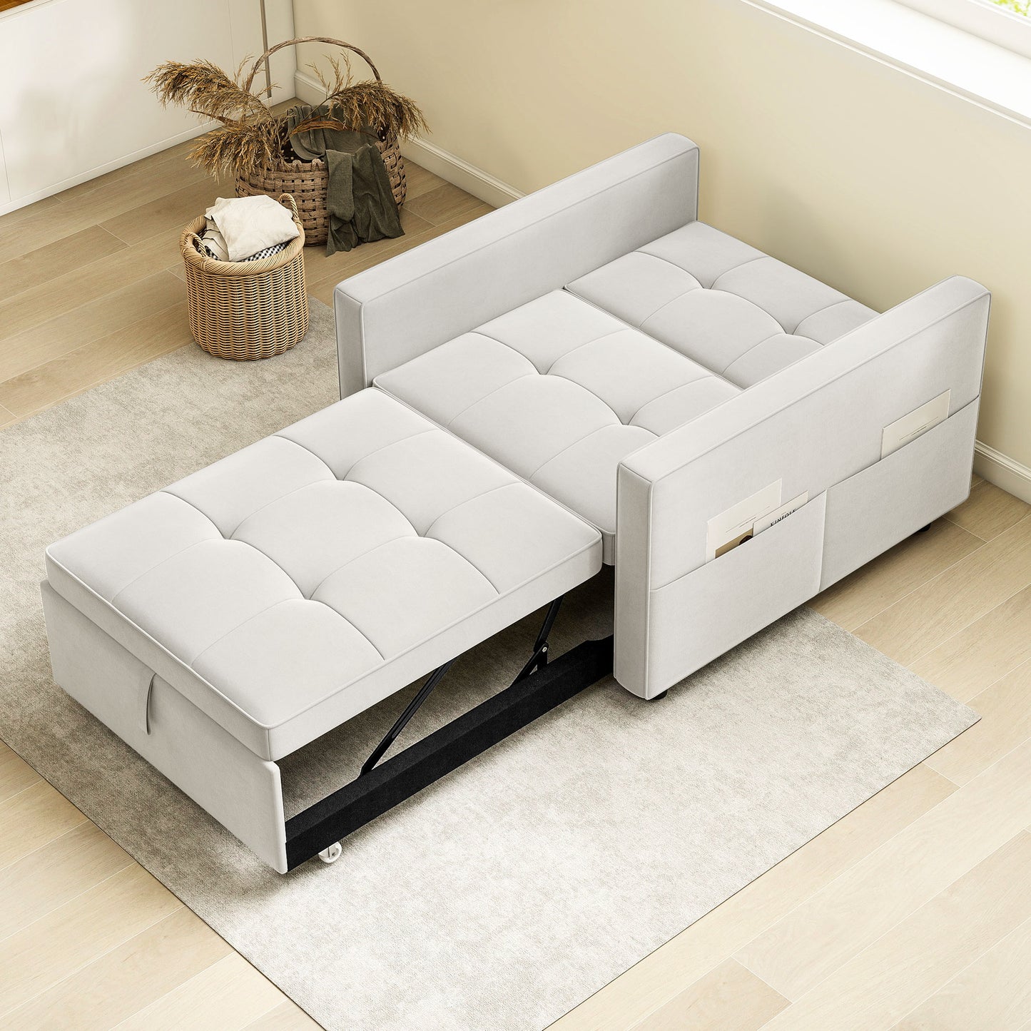 HOMCOM Convertible Chair Bed, Pull Out Sleeper Chair with USB, Adjustable Backrest, Small Velvet Futon Sofa Bed, Grey