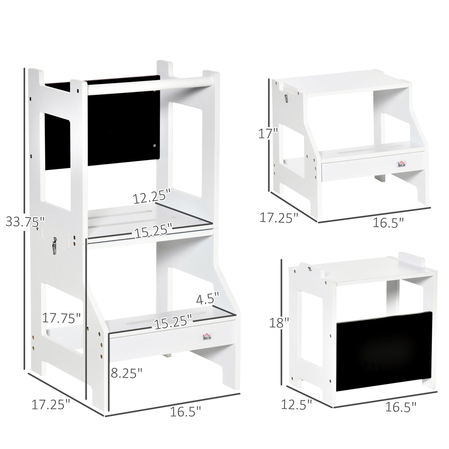 Qaba 2-in-1 Kids Kitchen Helper Step Stool, Detachable Toddler Table and Chair Set, Children Standing Tower for Kitchen Counter with Safety Rail Chalkboard, White