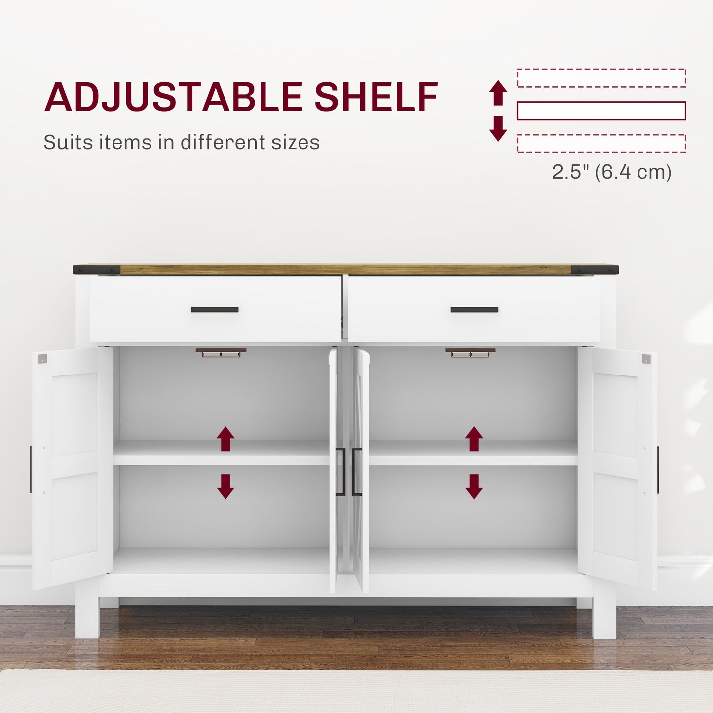 HOMCOM Farmhouse Buffet Cabinet Sideboard with 1 Drawer, 1 Storage Cabinet and Adjustable Shelf, White