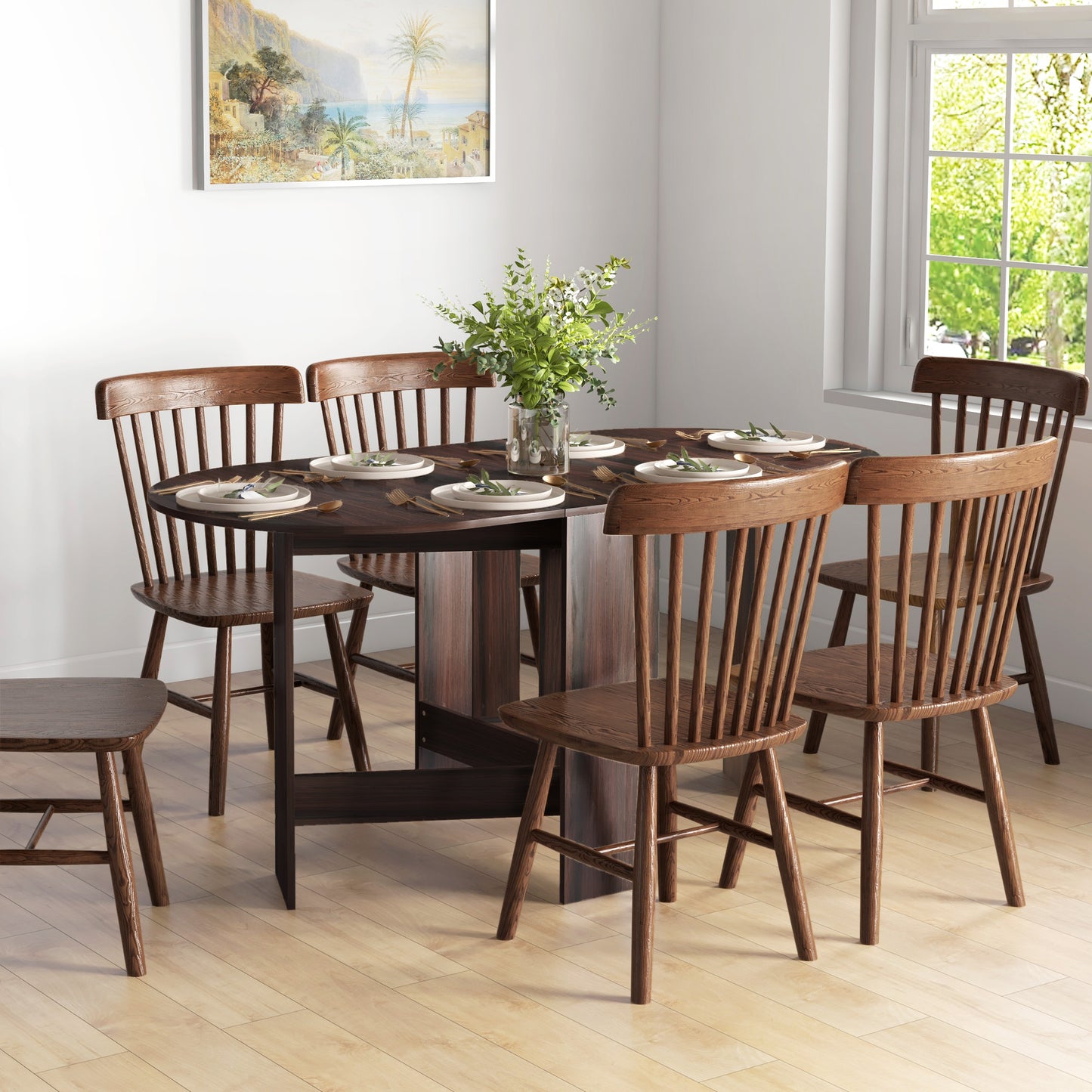 HOMCOM Oval Folding Dining Table, Space Saving Drop Leaf Kitchen Table for Dining Room, Living Room, Distressed Brown
