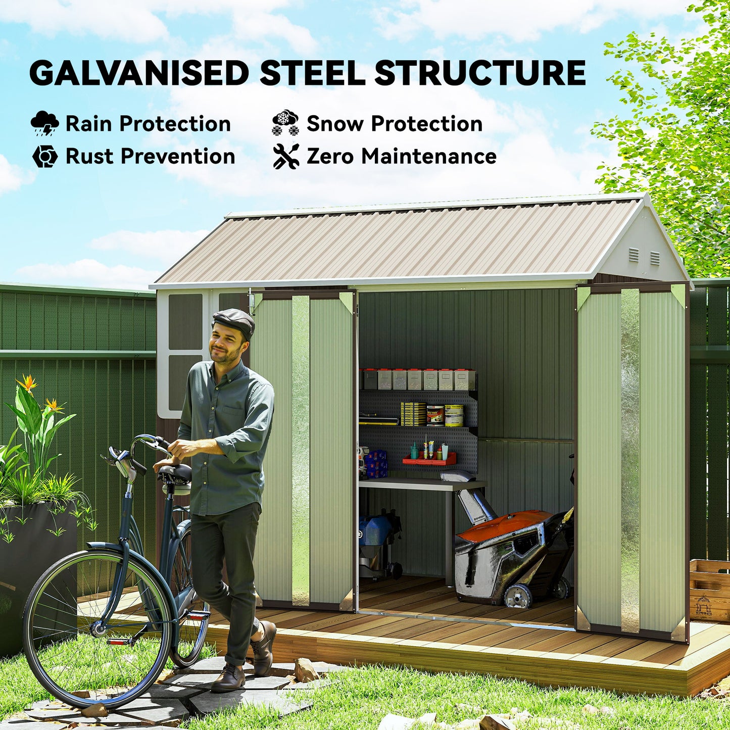 Outsunny 8.5' x 5.5' Metal Garden Storage Shed, Outdoor Tool Storage House with Lockable Door, Vents, Sloped Roof, Light Grey