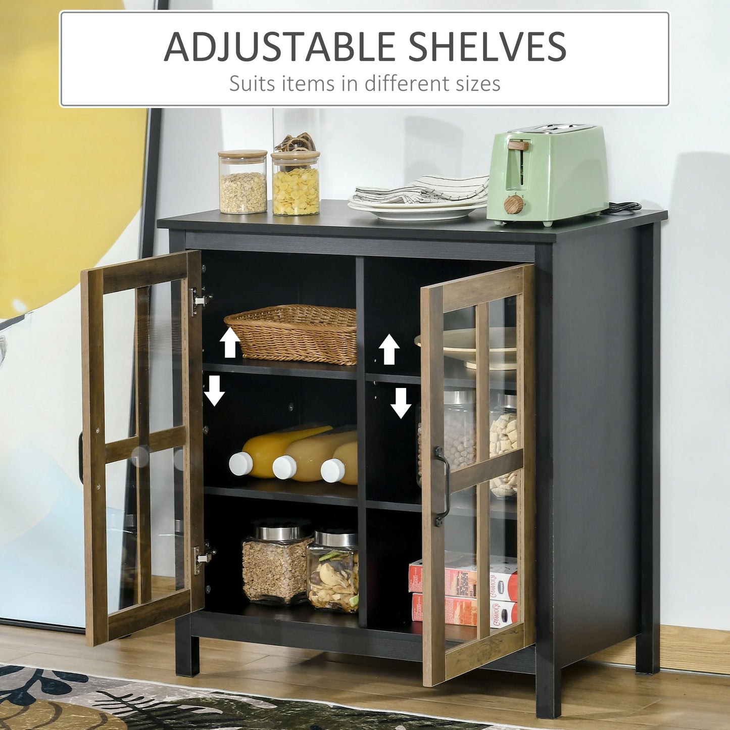 HOMCOM Kitchen Sideboard, Glass Door Buffet Cabinet, Accent Storage Cabinet with 2 Glass Doors and Adjustable Shelf for Dining Room, Living Room, Black Wood Grain