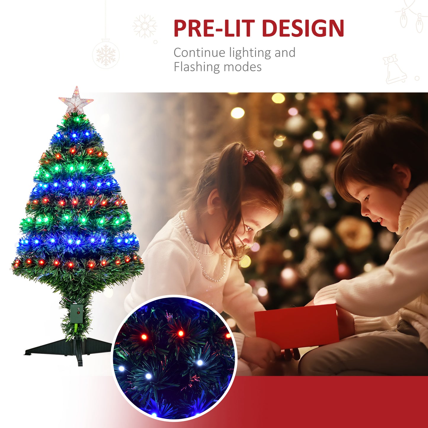 HOMCOM 4ft Prelit Artificial Optical Xmas Tree Spruce Hinged Full Tree