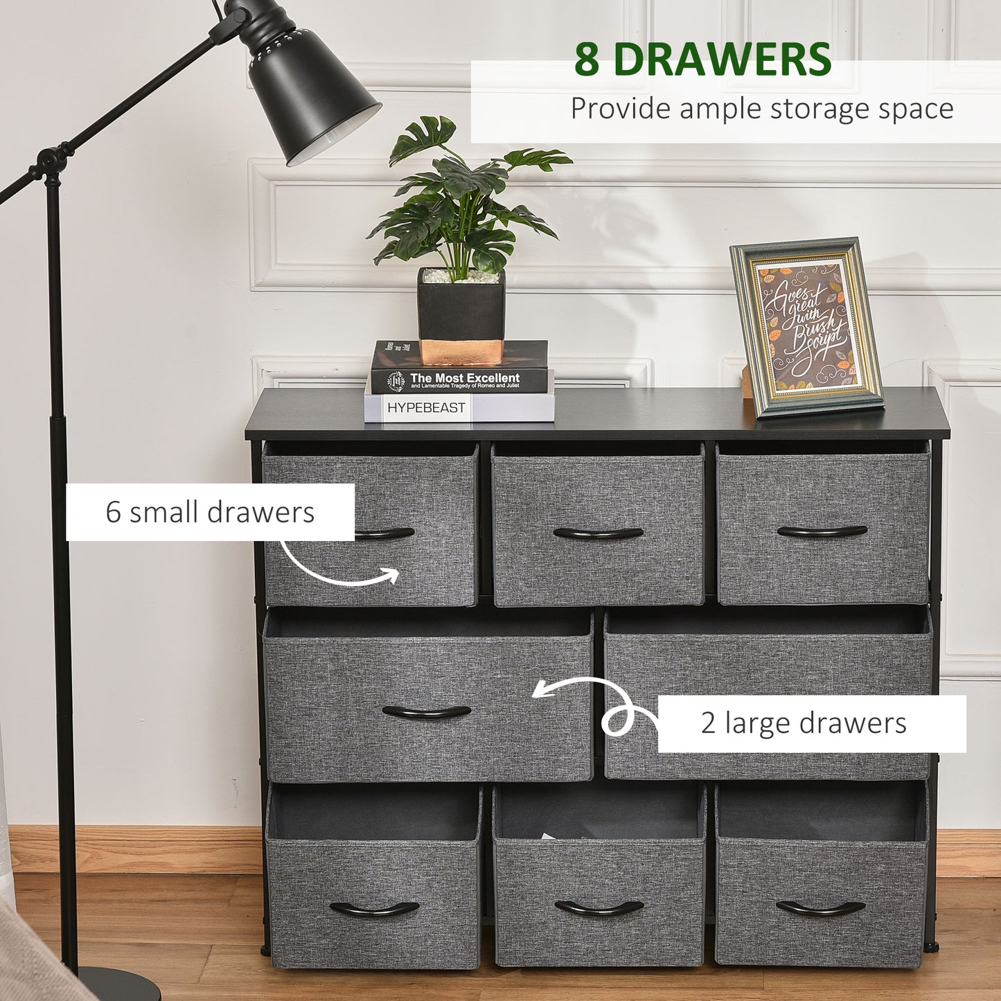 HOMCOM 8-Bin Dresser Storage Tower Cabinet Organizer Unit, Easy Pull Fabric Bins with Metal Frame for Living Room