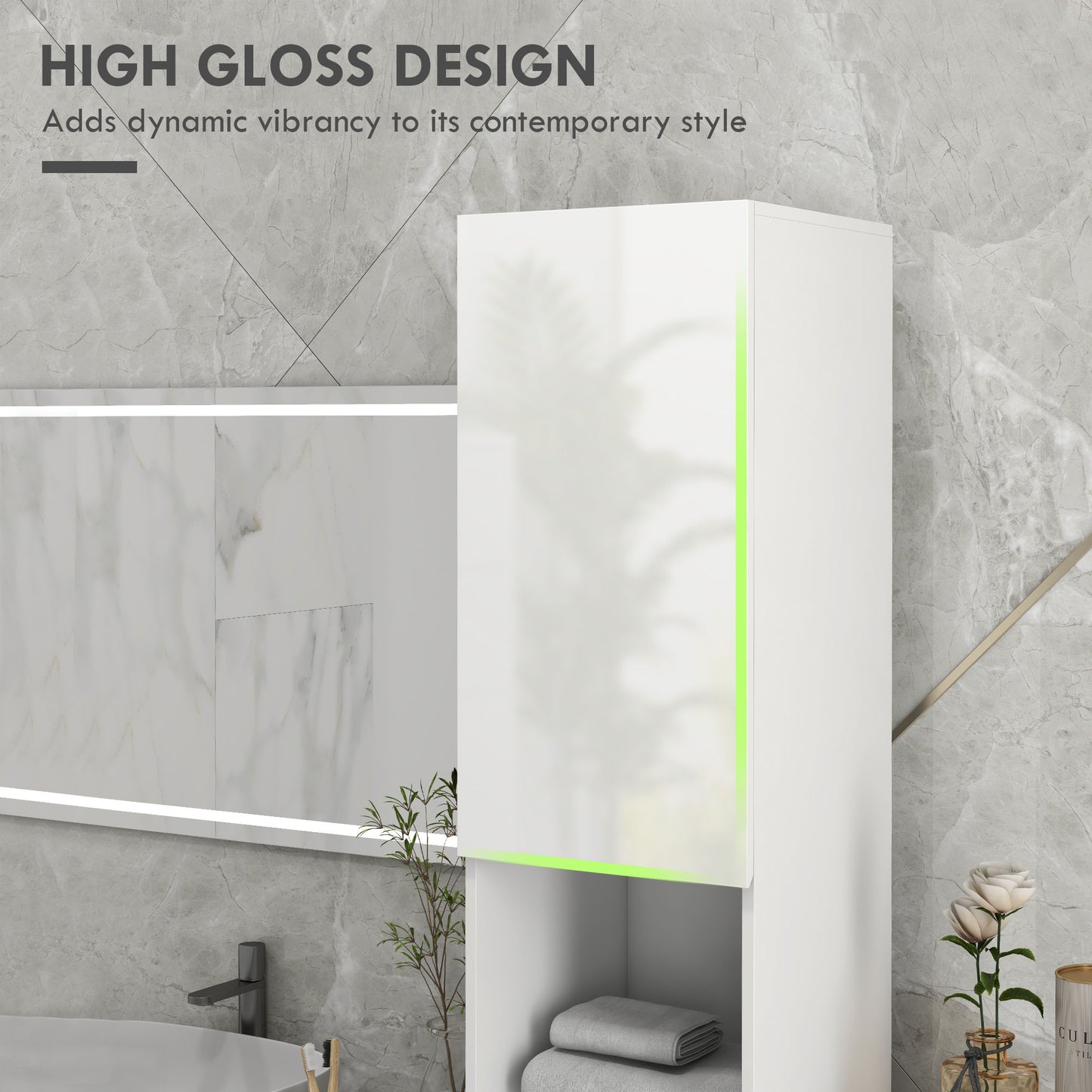 kleankin Tall Bathroom Cabinet, High Gloss Storage Cabinet with Doors and Adjustable Shelves, 11.8" x 11.8" x 71.5", White