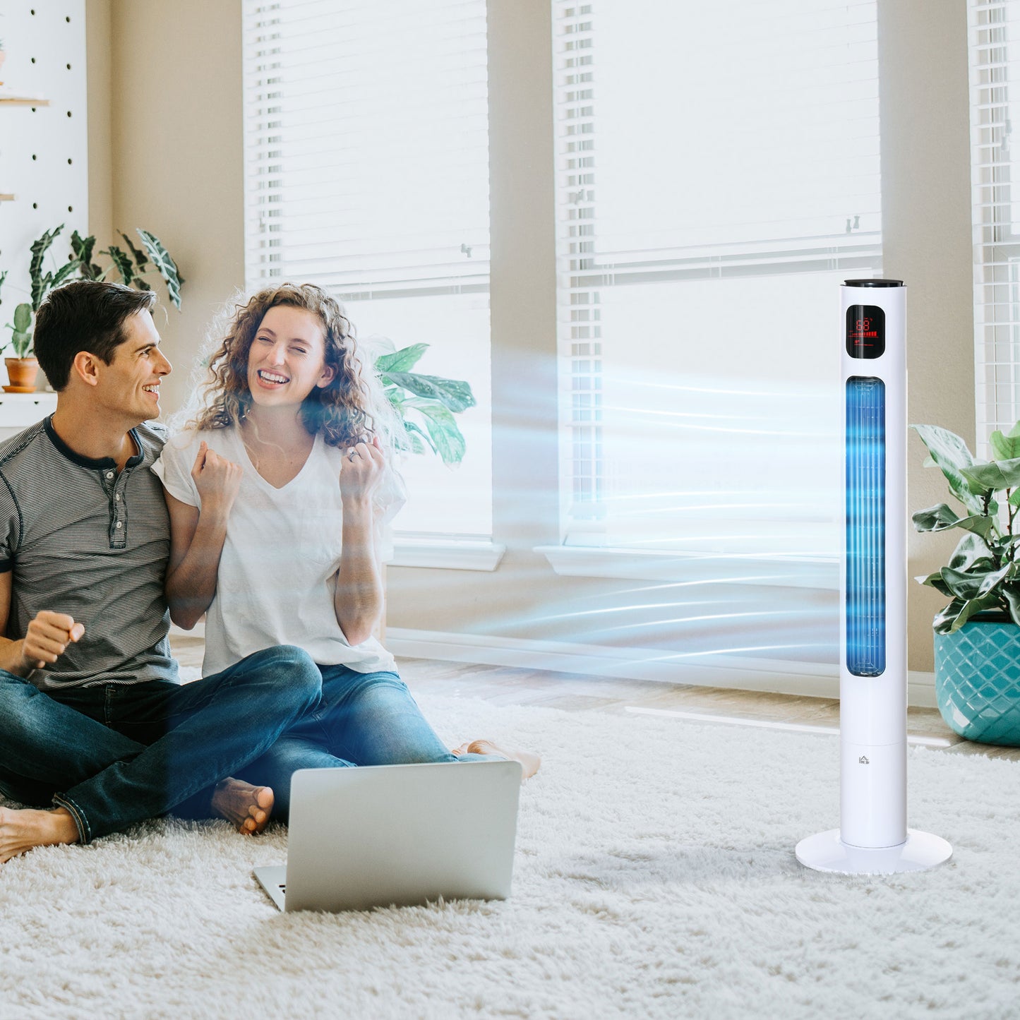 HOMCOM Freestanding Tower Fan Cooling for Home Bedroom with Oscillating, 3 Speed, 12h Timer, LED Sensor Panel, Remote Controller, White