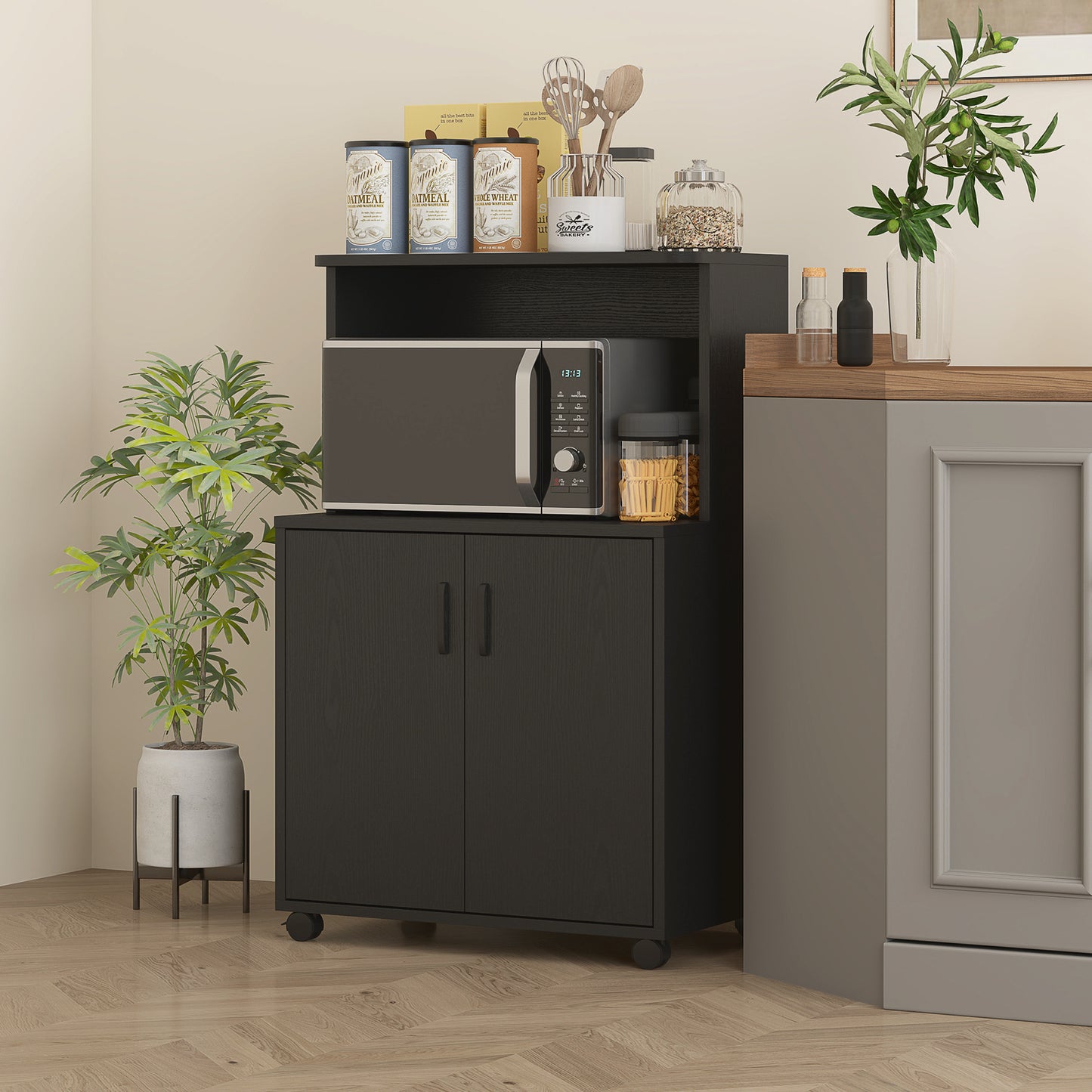 HOMCOM Microwave Cart on Wheels Utility Trolley Storage Sideboard Bookcase with 2-door Cabinet, White Oak