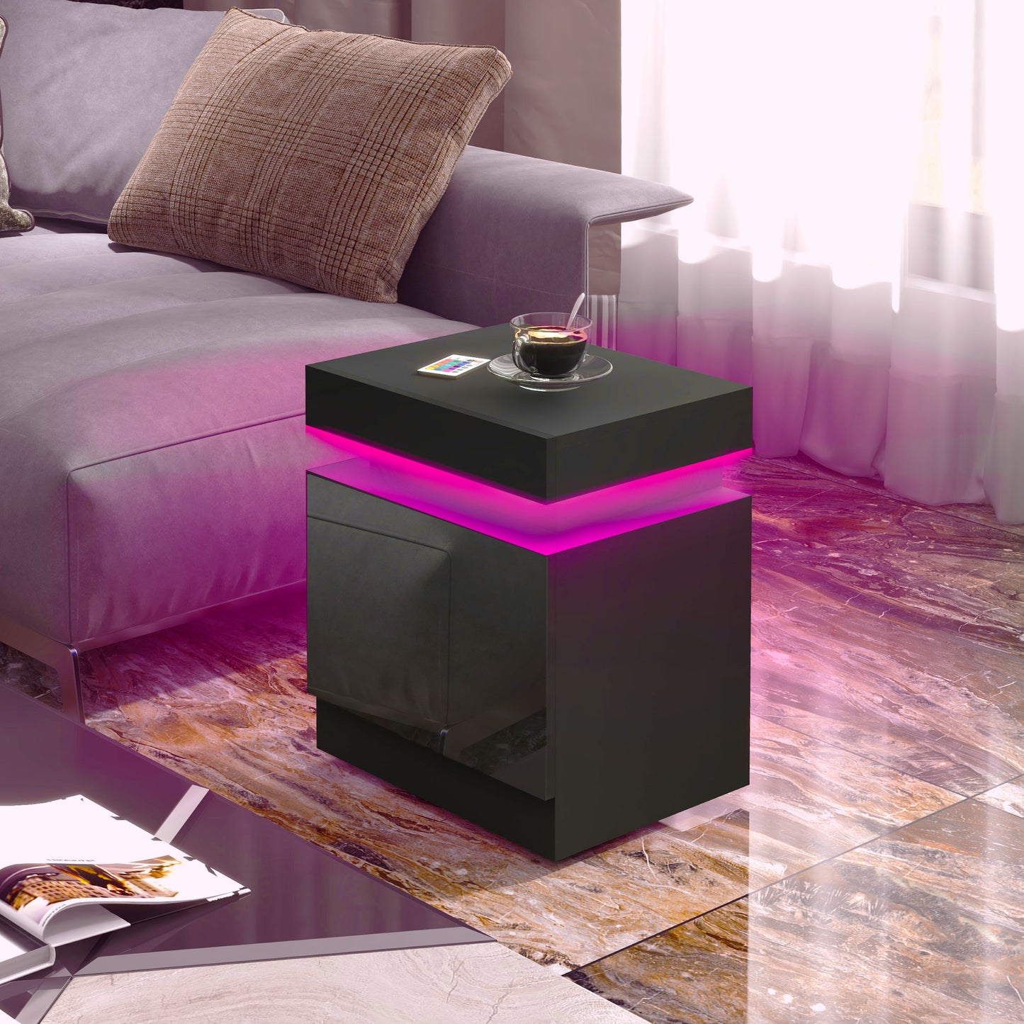 HOMCOM Nightstand, Bedside Table with LED Lights and 2 Drawers for Bedroom, Living Room, White