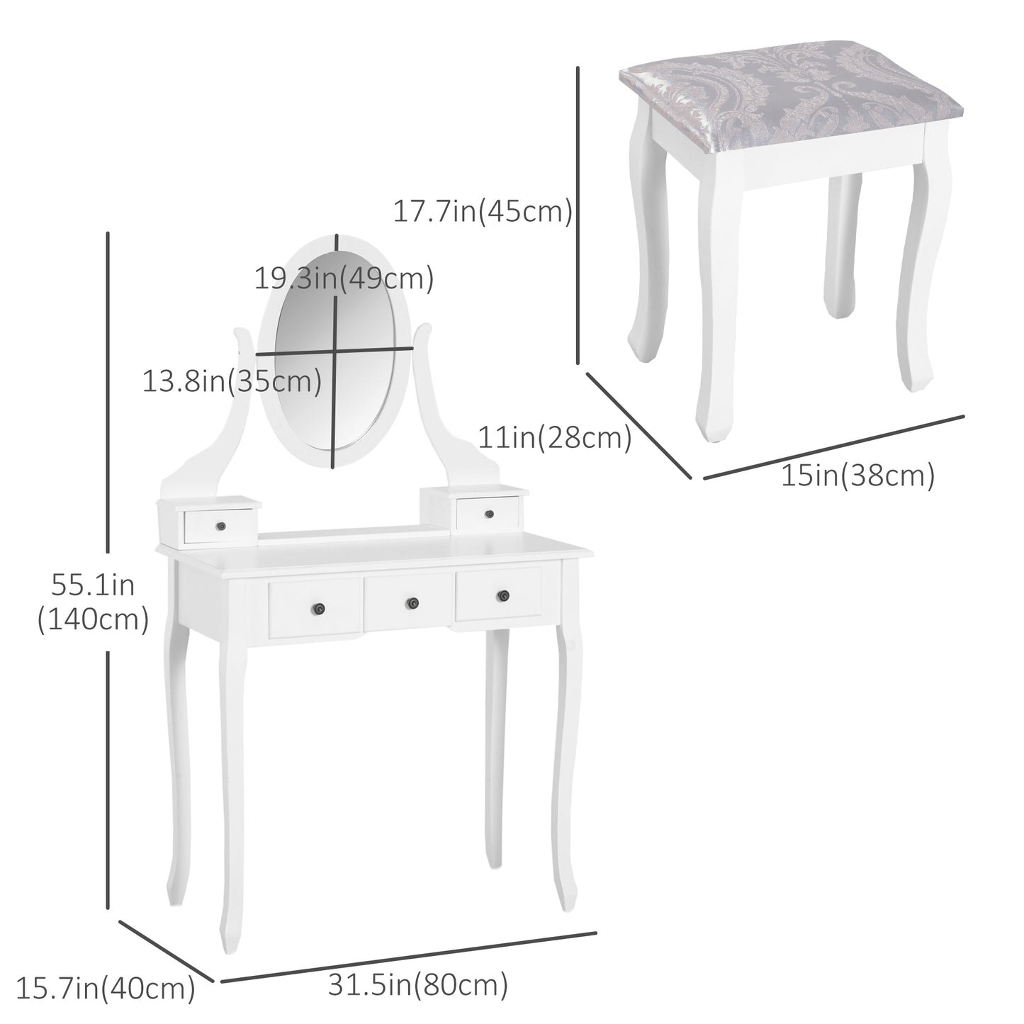 HOMCOM Vanity Desk with Stool, Makeup Vanity with 360° Rotating Oval Mirror, 5 Drawers and Padded Seat, Dressing Table for Bedroom, Black