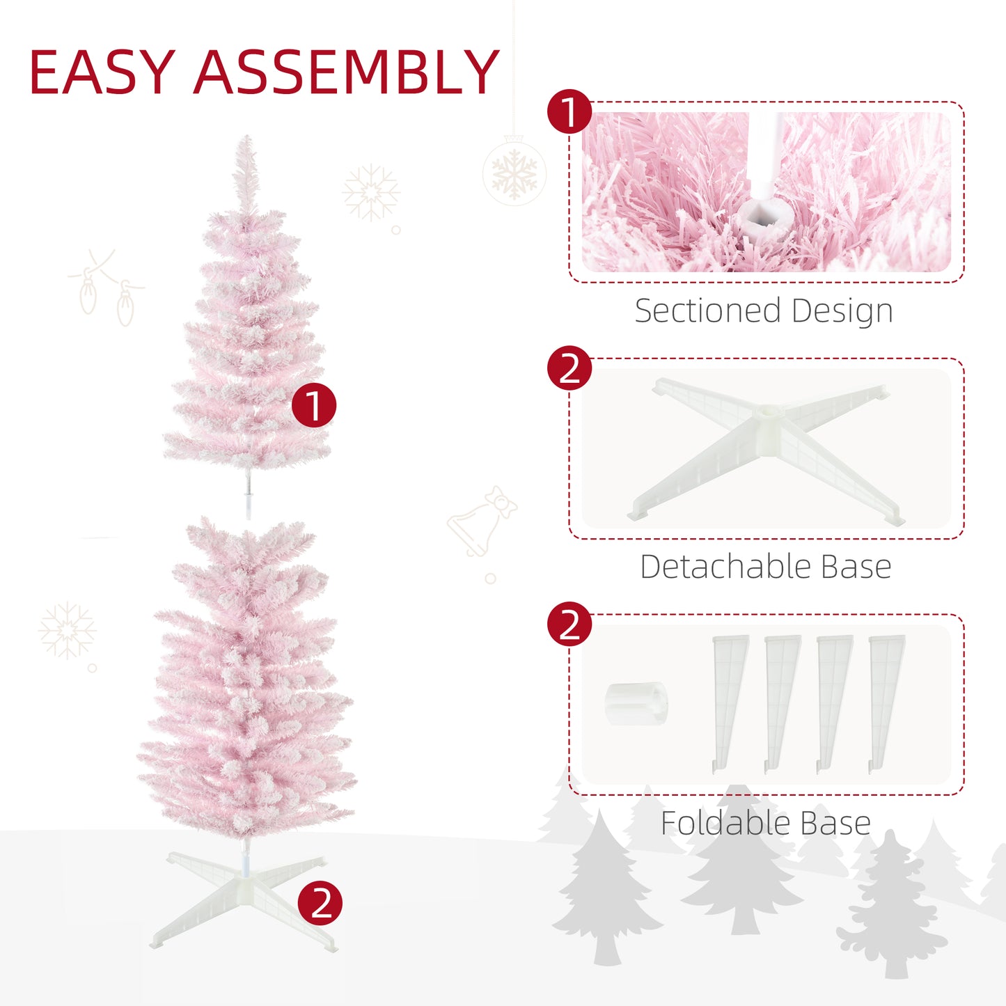 HOMCOM 6ft Flocked Christmas Tree, Pencil Artificial Christmas Tree with Realistic Branches, Pink