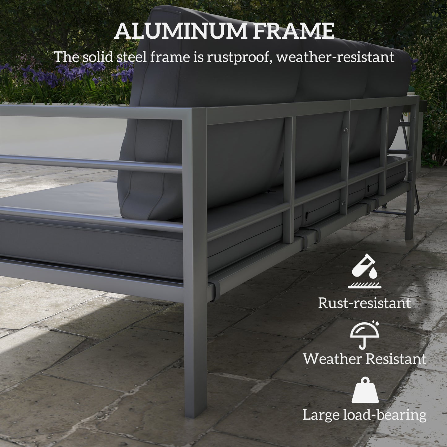 Outsunny Aluminum Garden Sofa, 3-Person Outdoor Couch, Backyard Furniture for 3-person with Cushions, 72.8" x 26" x 25.2", Grey