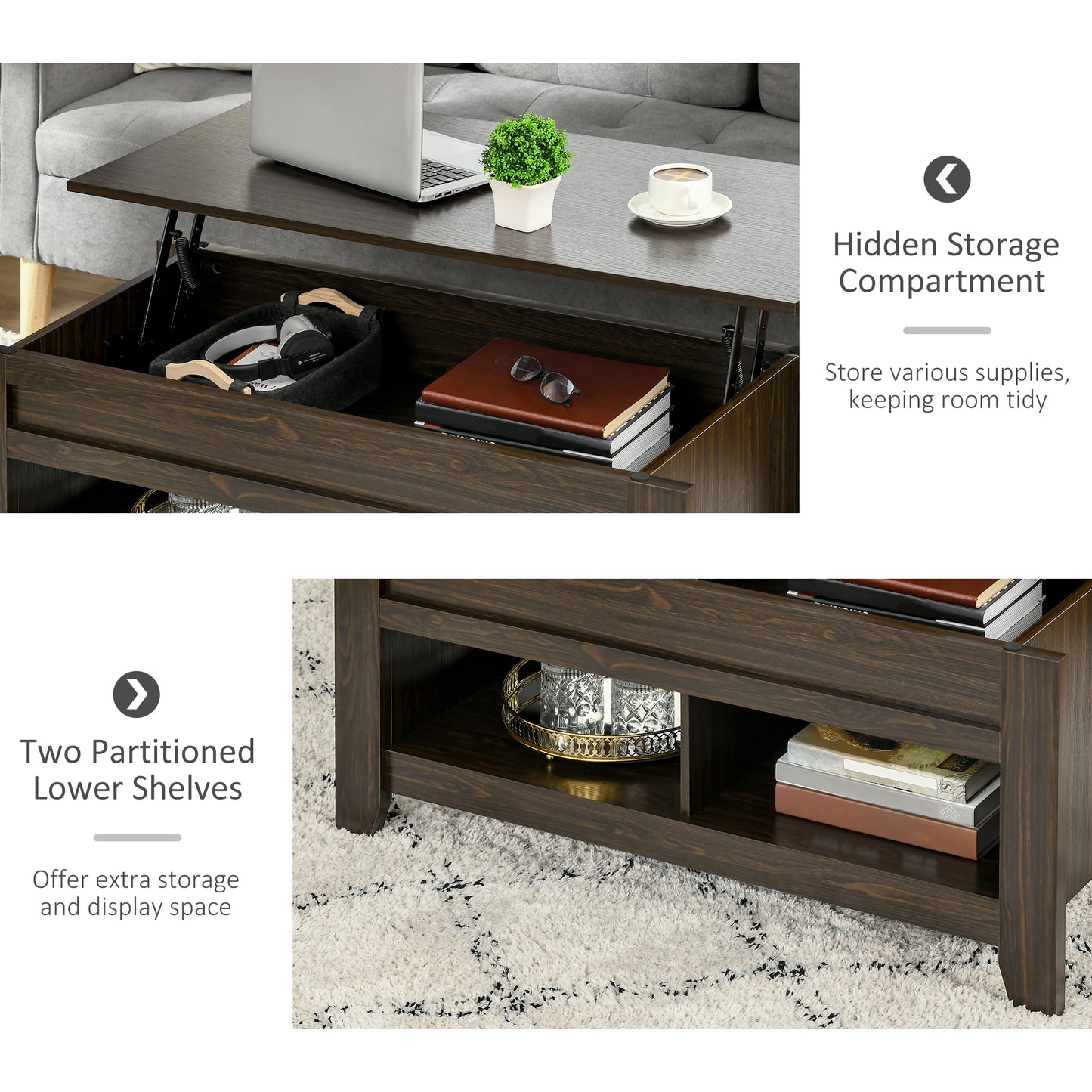 HOMCOM Lift Top Coffee Table with Hidden Storage Compartment and Open Shelves, Lift Tabletop Pop-Up Center Table for Living Room, White