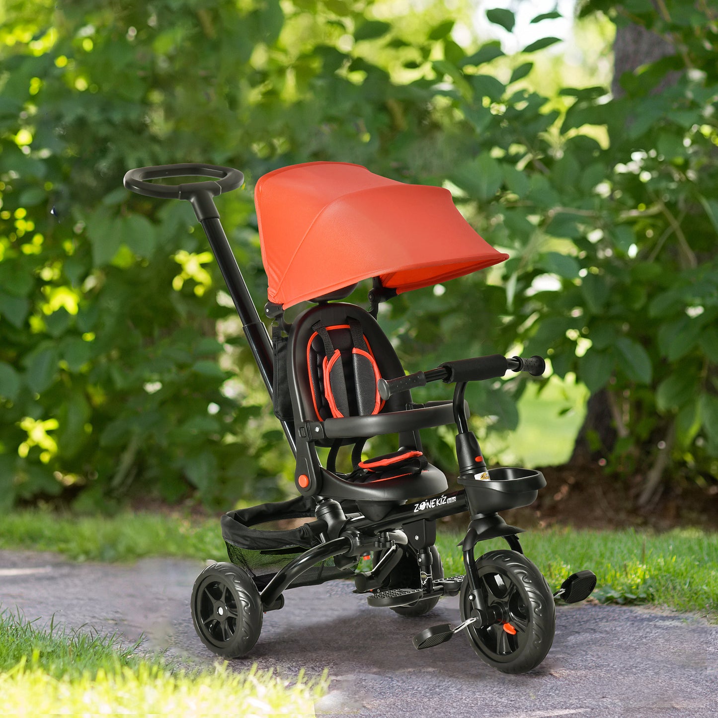 Qaba Tricycle for Toddler 4 in 1 Kids Trike with Reversible Adjustable Seat, Baby Push Bike with Removable Handle, Canopy, Belt Storage Brake Clutch for 1-5 Years, Red
